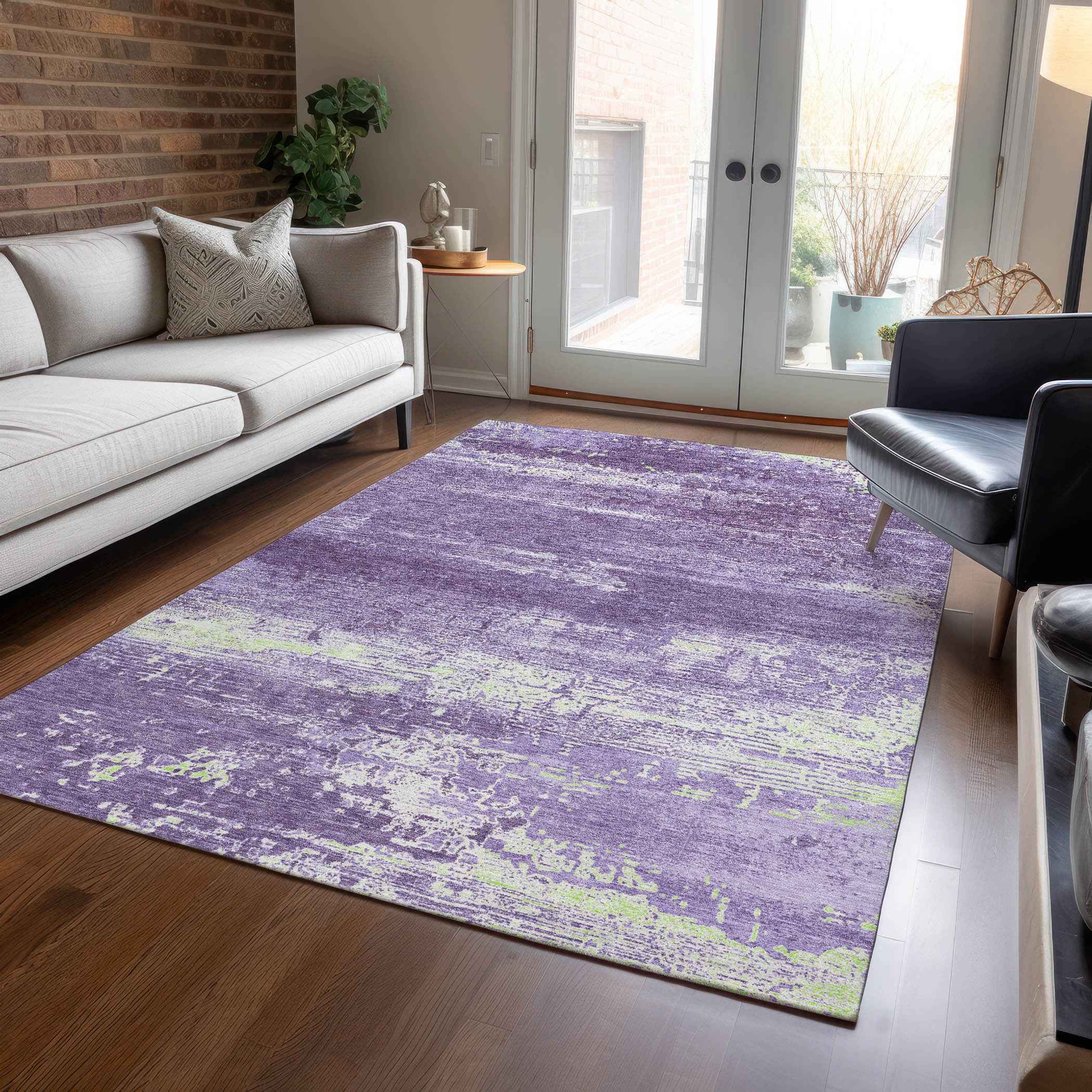 3' X 5' Purple And Ivory Abstract Washable Indoor Outdoor Area Rug