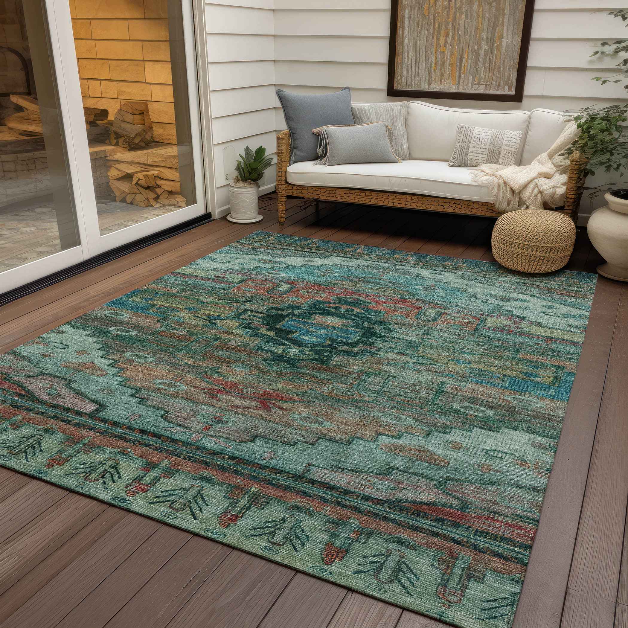 8' X 10' Teal Blue Copper And Gold Tribal Washable Indoor Outdoor Area Rug