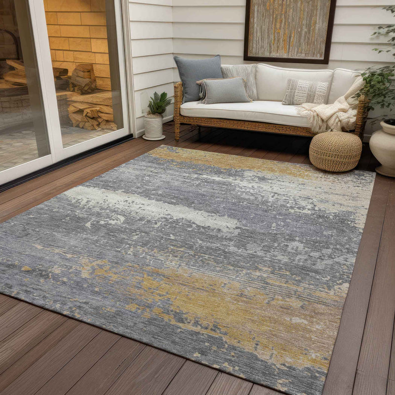 9' X 12' Gold Gray And Silver Abstract Washable Indoor Outdoor Area Rug