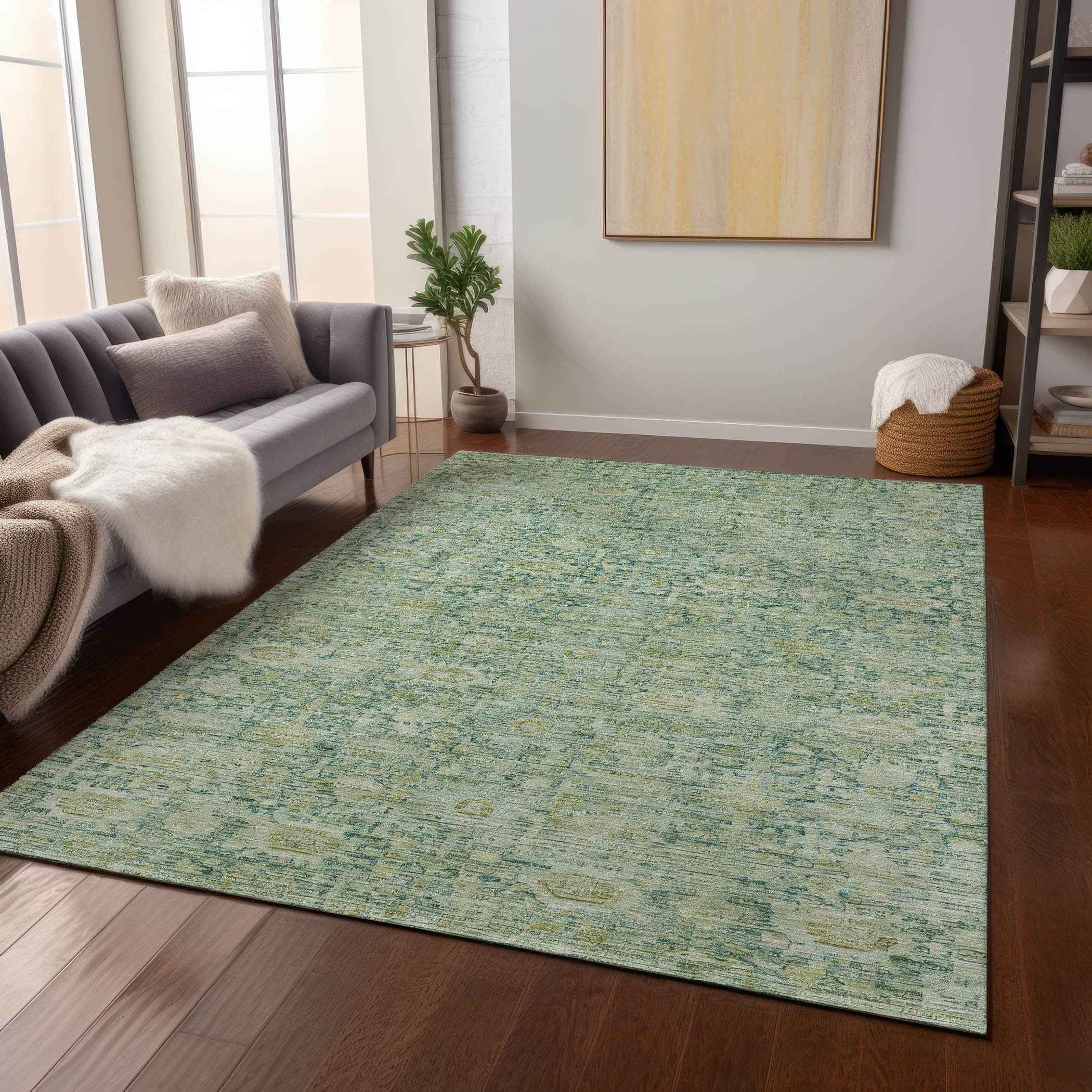 5' X 8' Artichoke Green And Teal Blue Oriental Washable Indoor Outdoor Area Rug