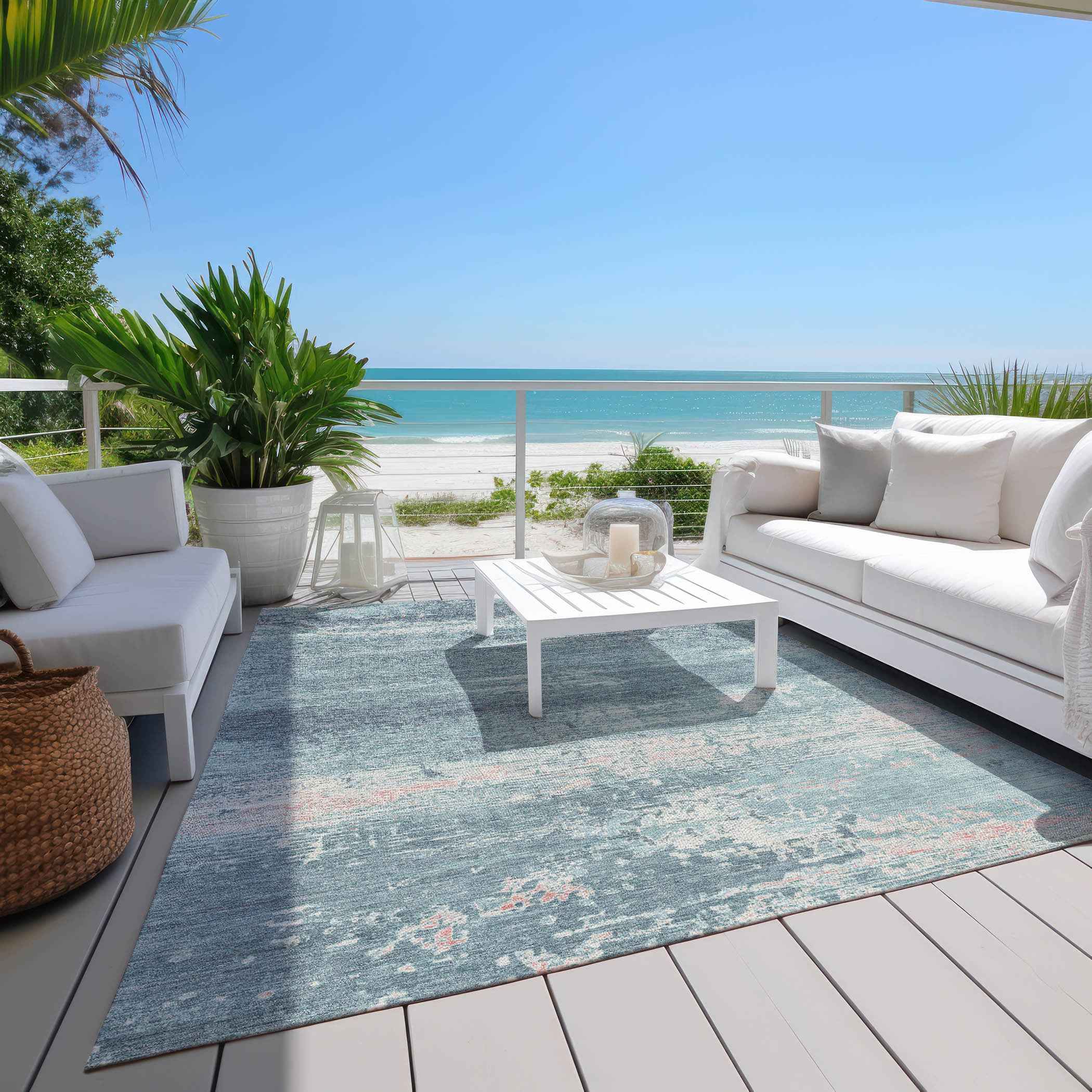 9' X 12' Teal Blue And Ivory Abstract Washable Indoor Outdoor Area Rug