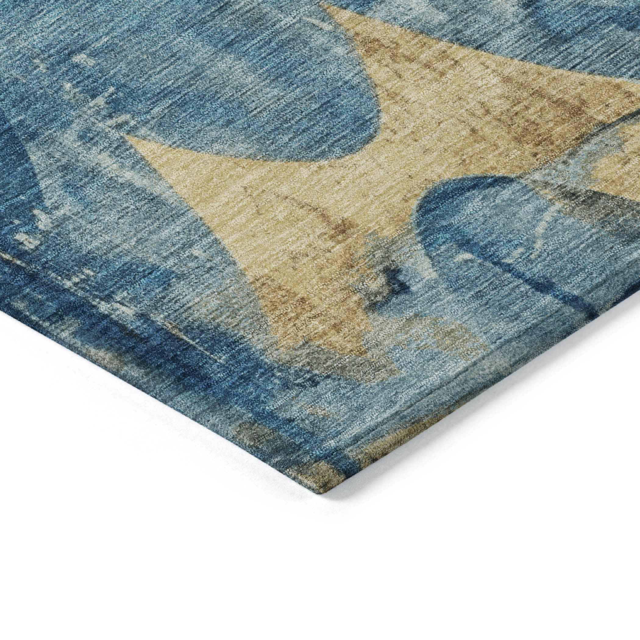 8' Teal Blue And Gold Round Abstract Washable Indoor Outdoor Area Rug