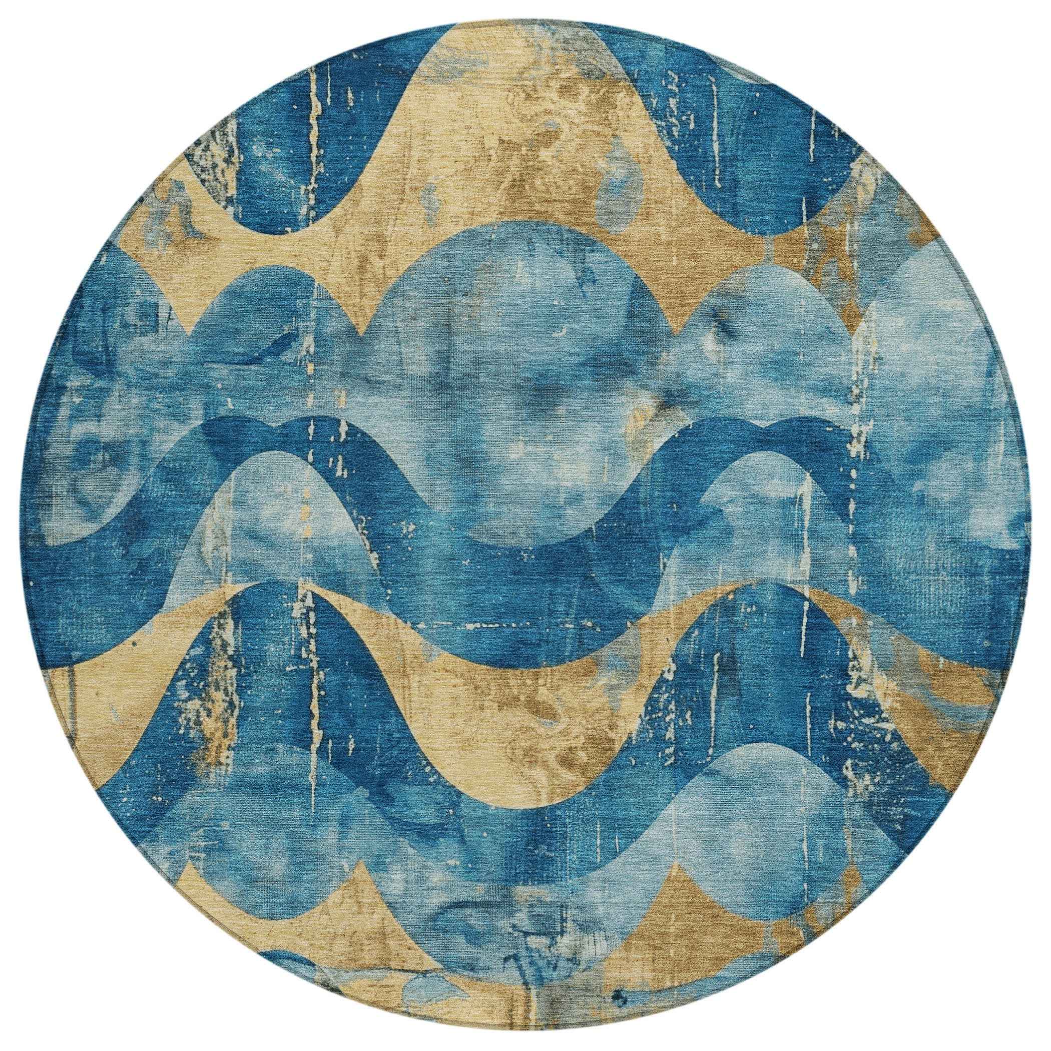 8' Teal Blue And Gold Round Abstract Washable Indoor Outdoor Area Rug