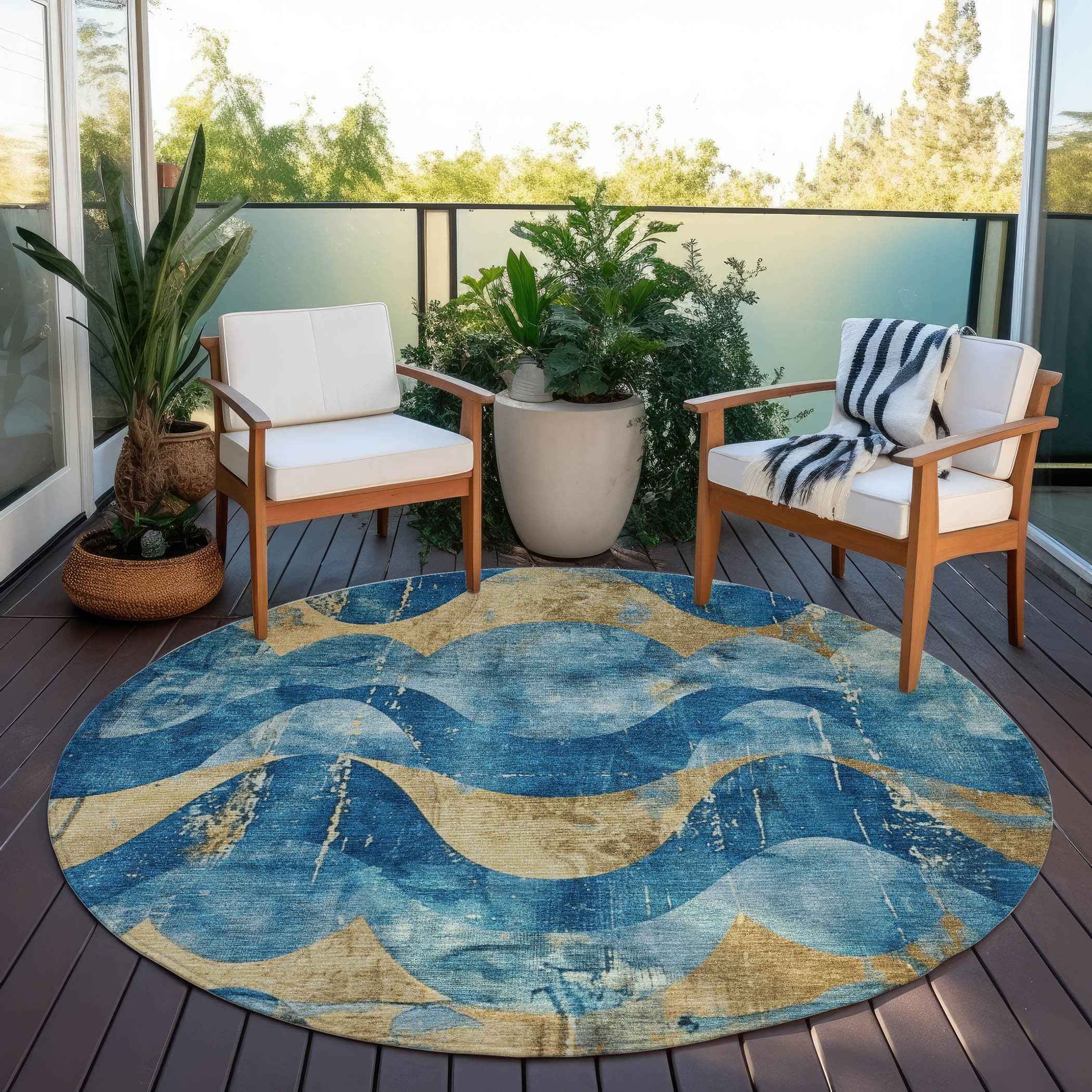 8' Teal Blue And Gold Round Abstract Washable Indoor Outdoor Area Rug