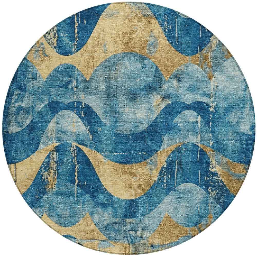 8' Teal Blue And Gold Round Abstract Washable Indoor Outdoor Area Rug