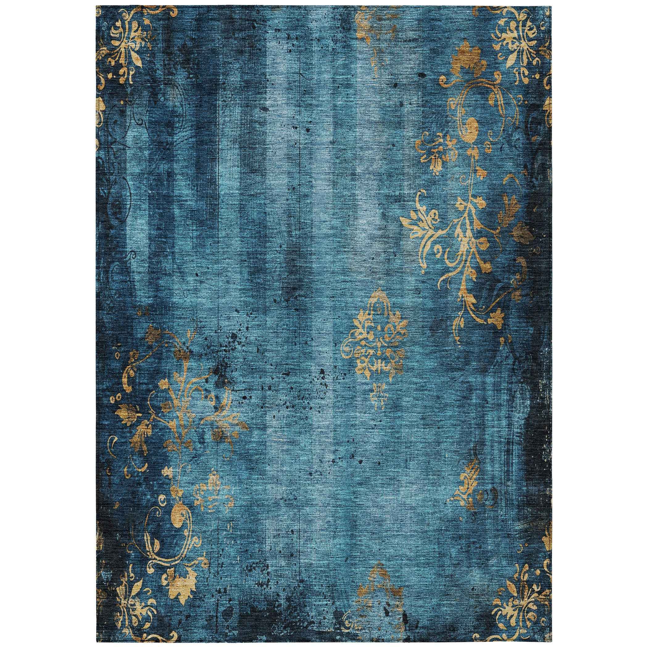 10' X 14' Blue And Gold Floral Washable Indoor Outdoor Area Rug