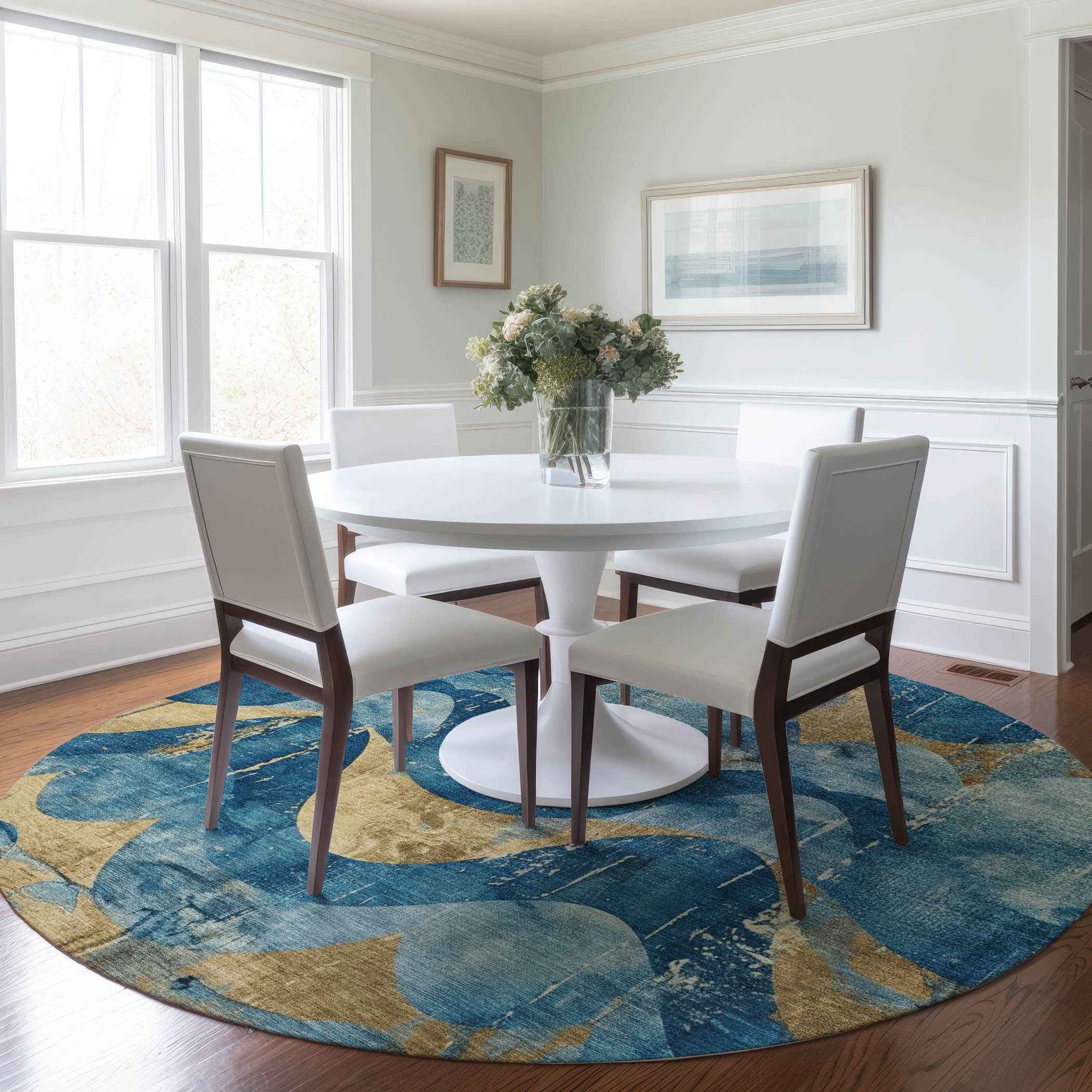 8' Teal Blue And Gold Round Abstract Washable Indoor Outdoor Area Rug