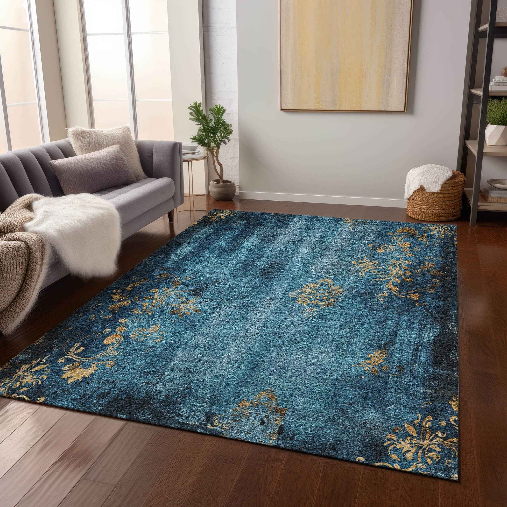 10' X 14' Blue And Gold Floral Washable Indoor Outdoor Area Rug