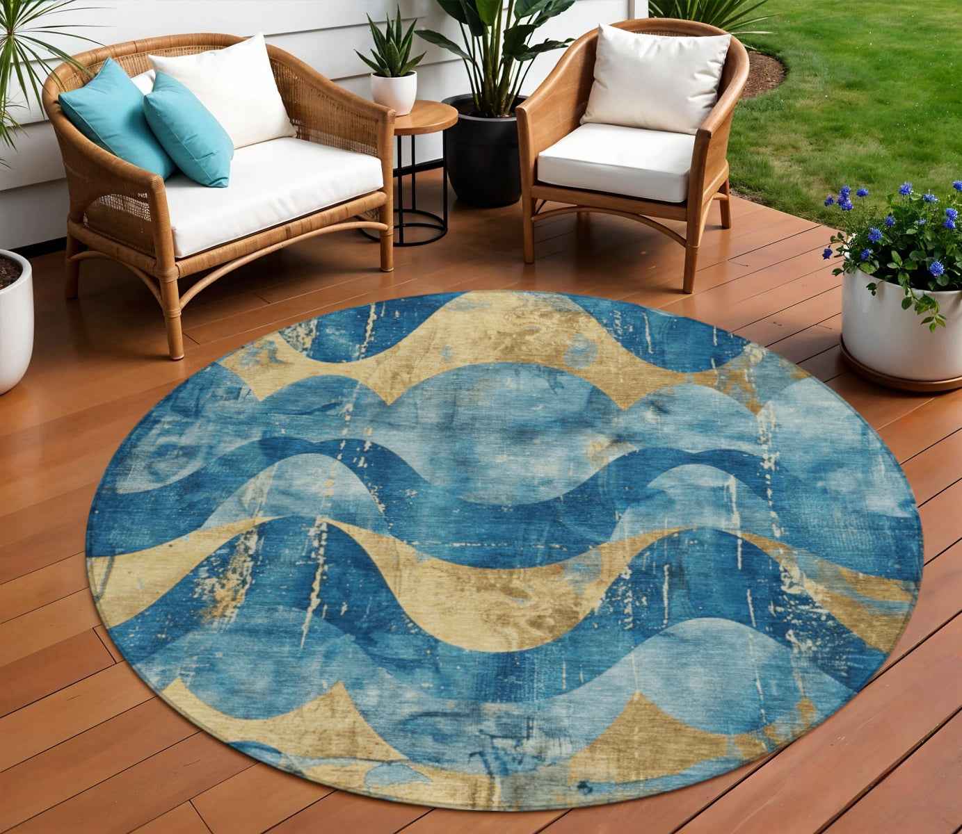 8' Teal Blue And Gold Round Abstract Washable Indoor Outdoor Area Rug