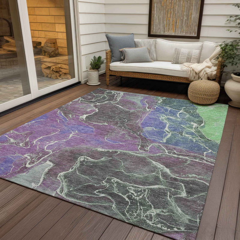 5' X 8' Purple Gray And Mint Green Abstract Washable Indoor Outdoor Area Rug