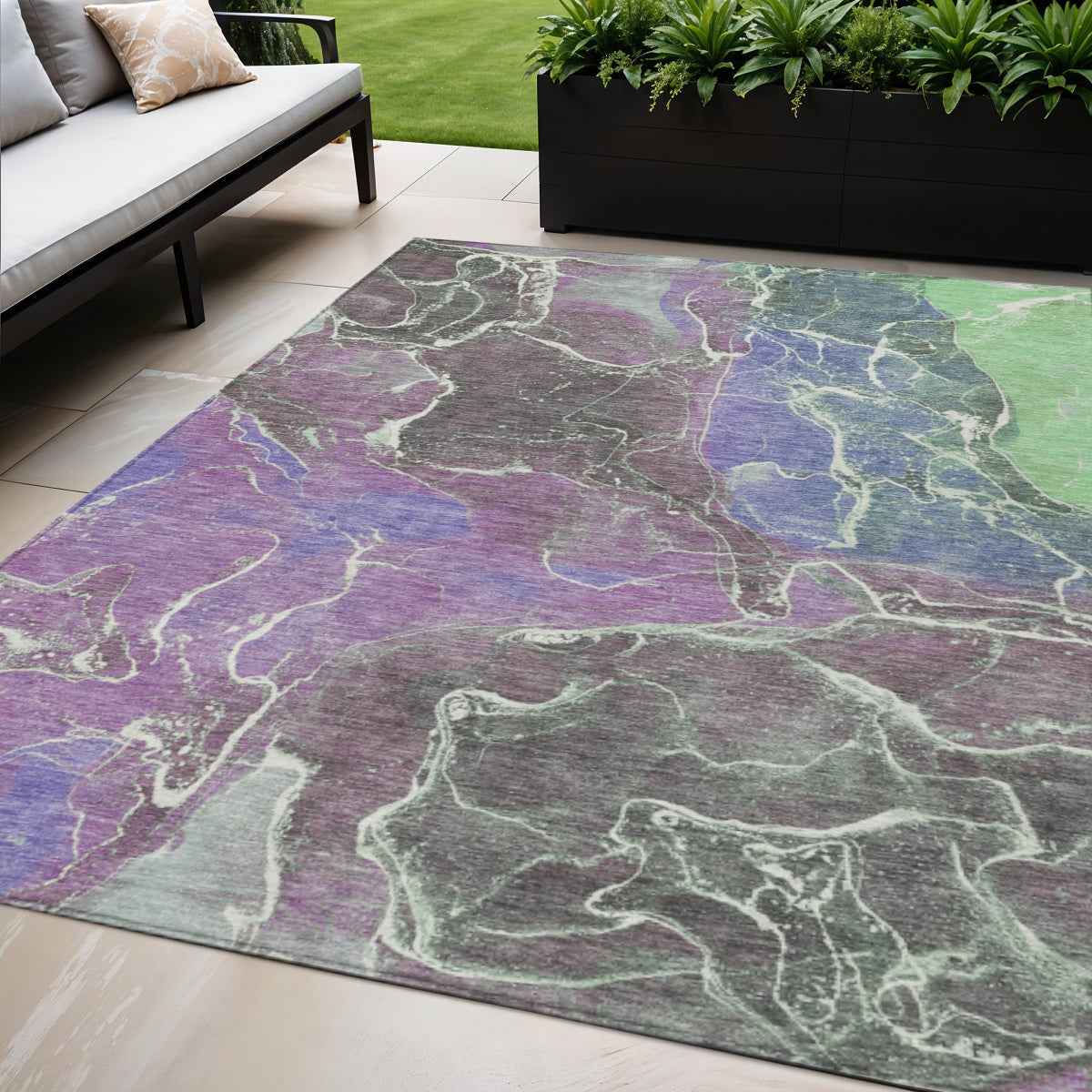 5' X 8' Purple Gray And Mint Green Abstract Washable Indoor Outdoor Area Rug
