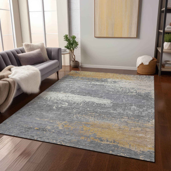 3' X 5' Gold Gray And Silver Abstract Washable Indoor Outdoor Area Rug