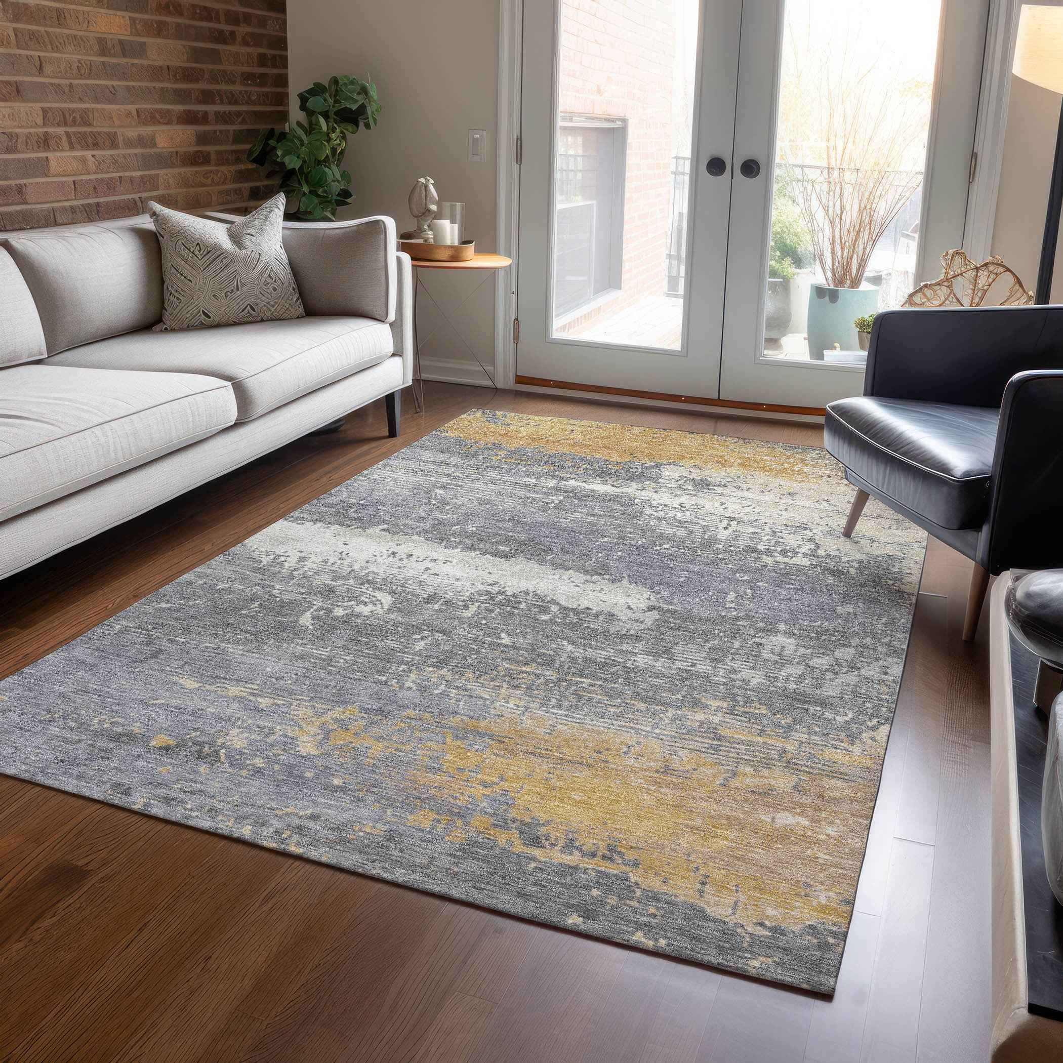 3' X 5' Gold Gray And Silver Abstract Washable Indoor Outdoor Area Rug