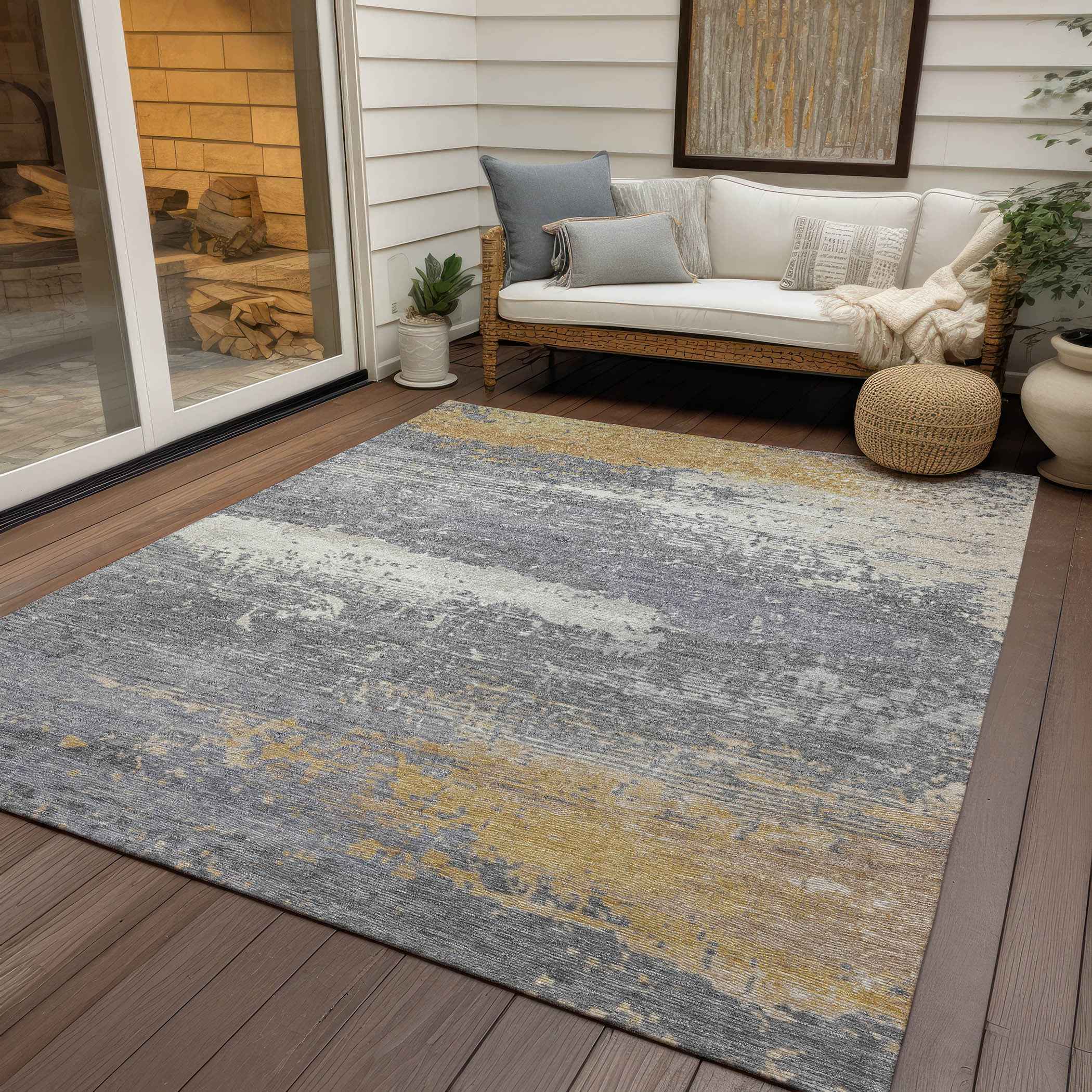 3' X 5' Gold Gray And Silver Abstract Washable Indoor Outdoor Area Rug