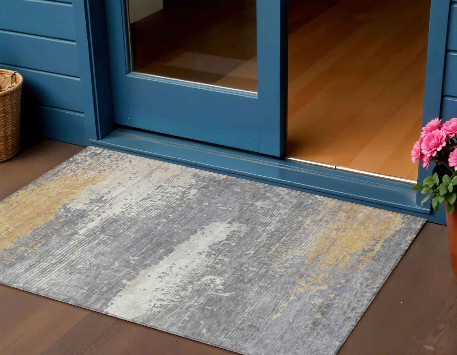 3' X 5' Gold Gray And Silver Abstract Washable Indoor Outdoor Area Rug