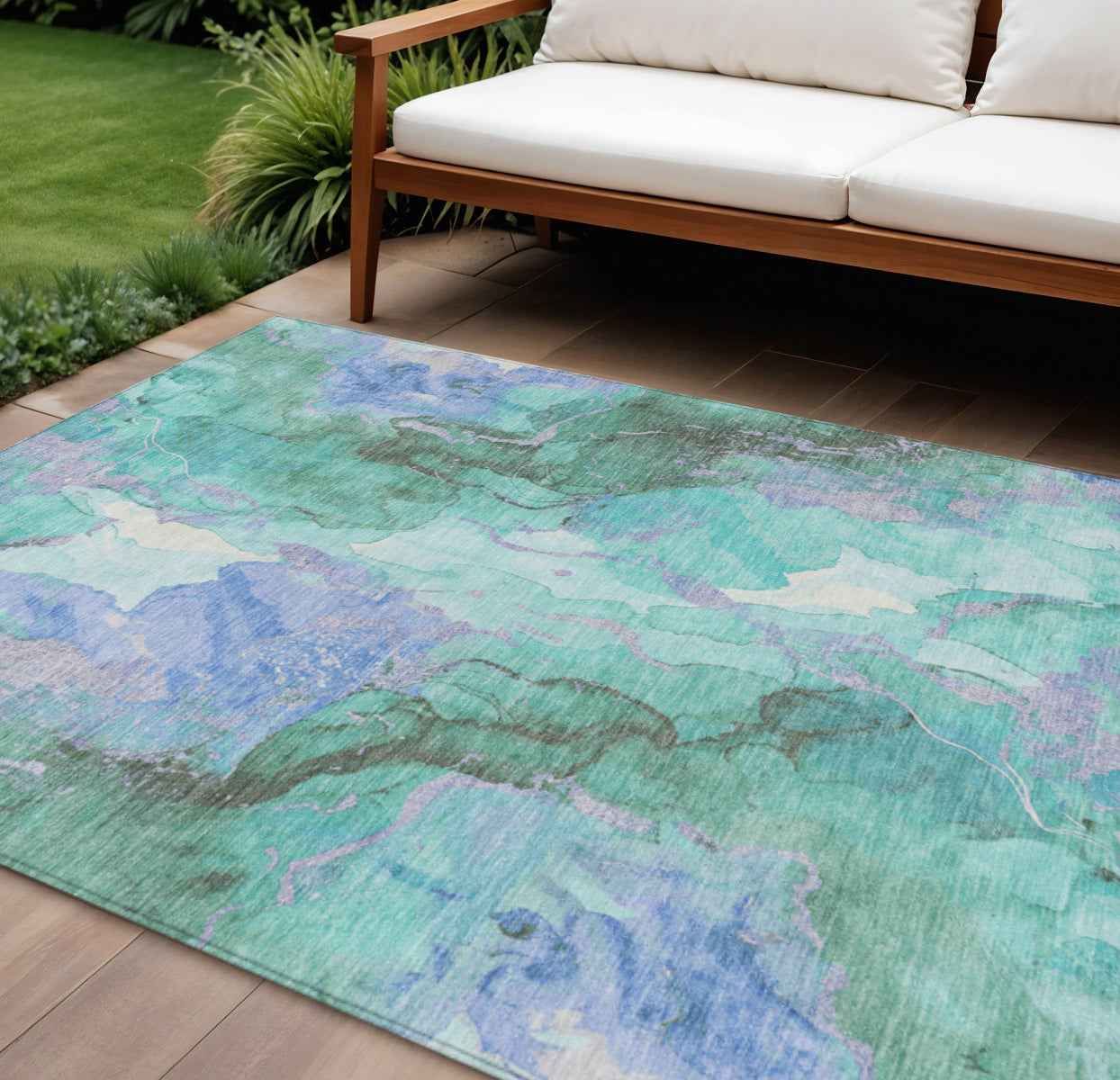 10' X 14' Teal Blue And Mint Green Abstract Washable Indoor Outdoor Area Rug