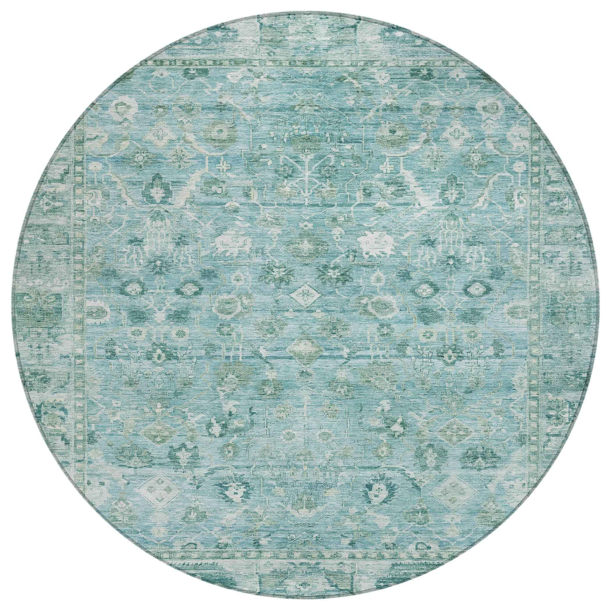 8' Blue Gray And Ivory Round Oriental Washable Indoor Outdoor Area Rug Default Title