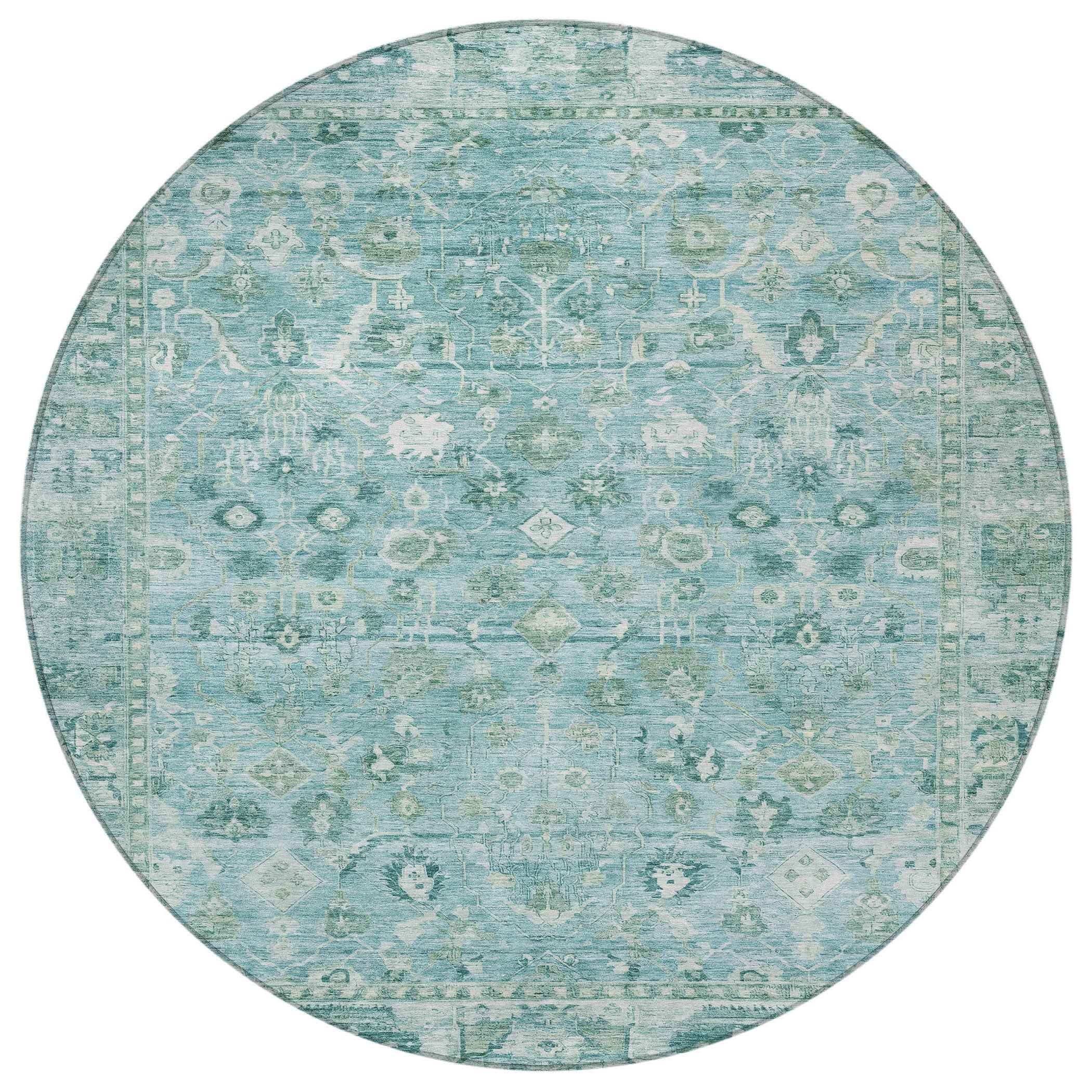 8' Blue Gray And Ivory Round Oriental Washable Indoor Outdoor Area Rug