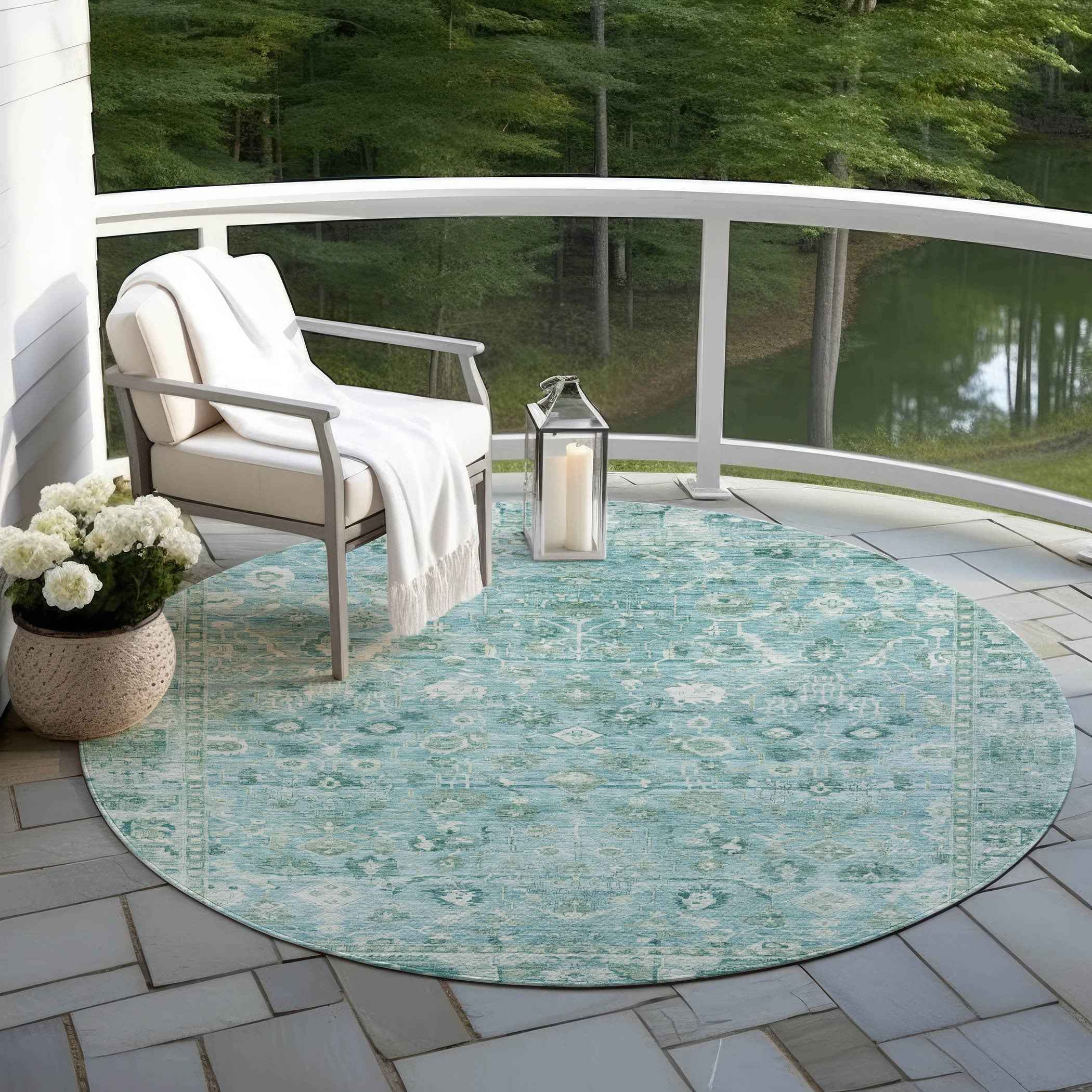 8' Blue Gray And Ivory Round Oriental Washable Indoor Outdoor Area Rug