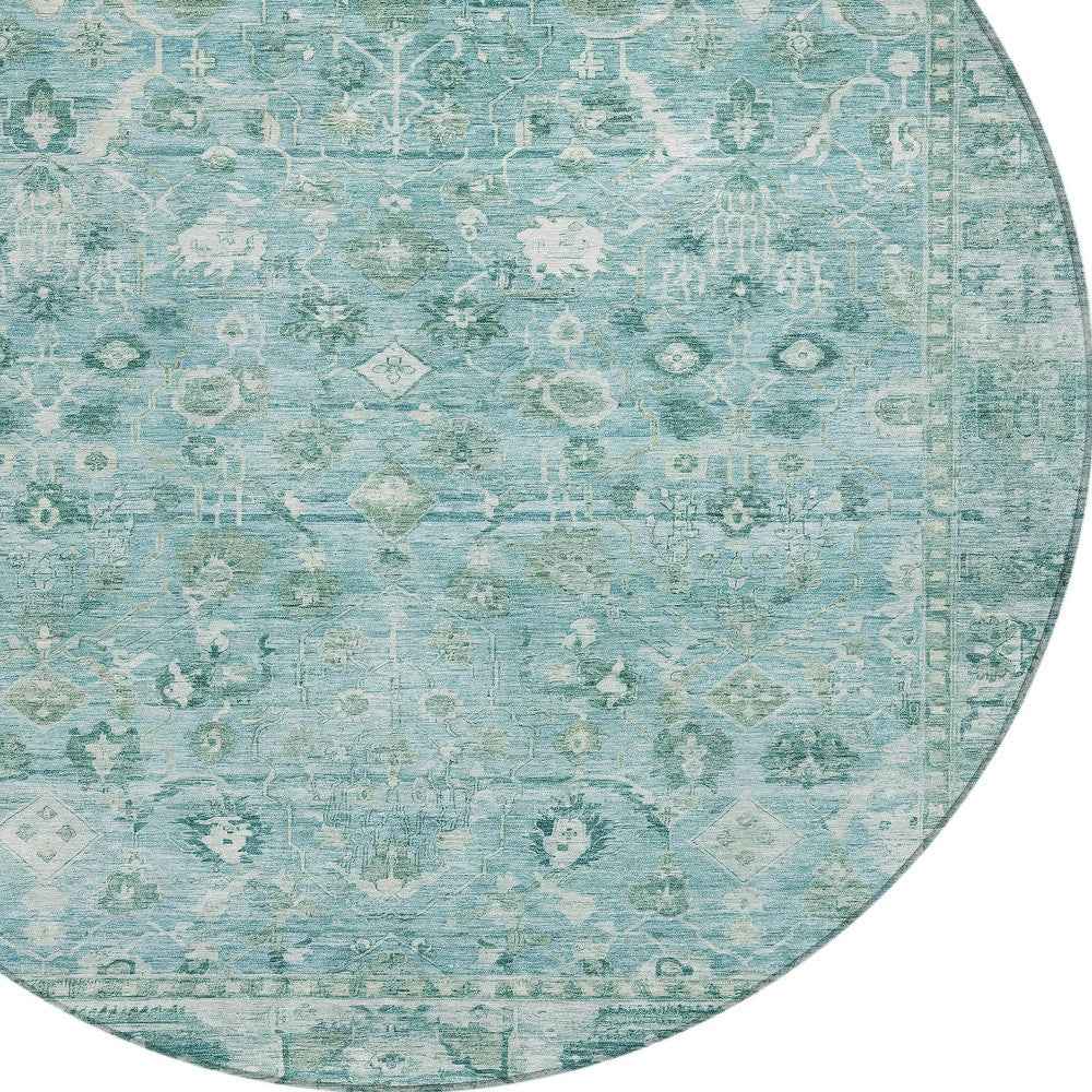8' Blue Gray And Ivory Round Oriental Washable Indoor Outdoor Area Rug