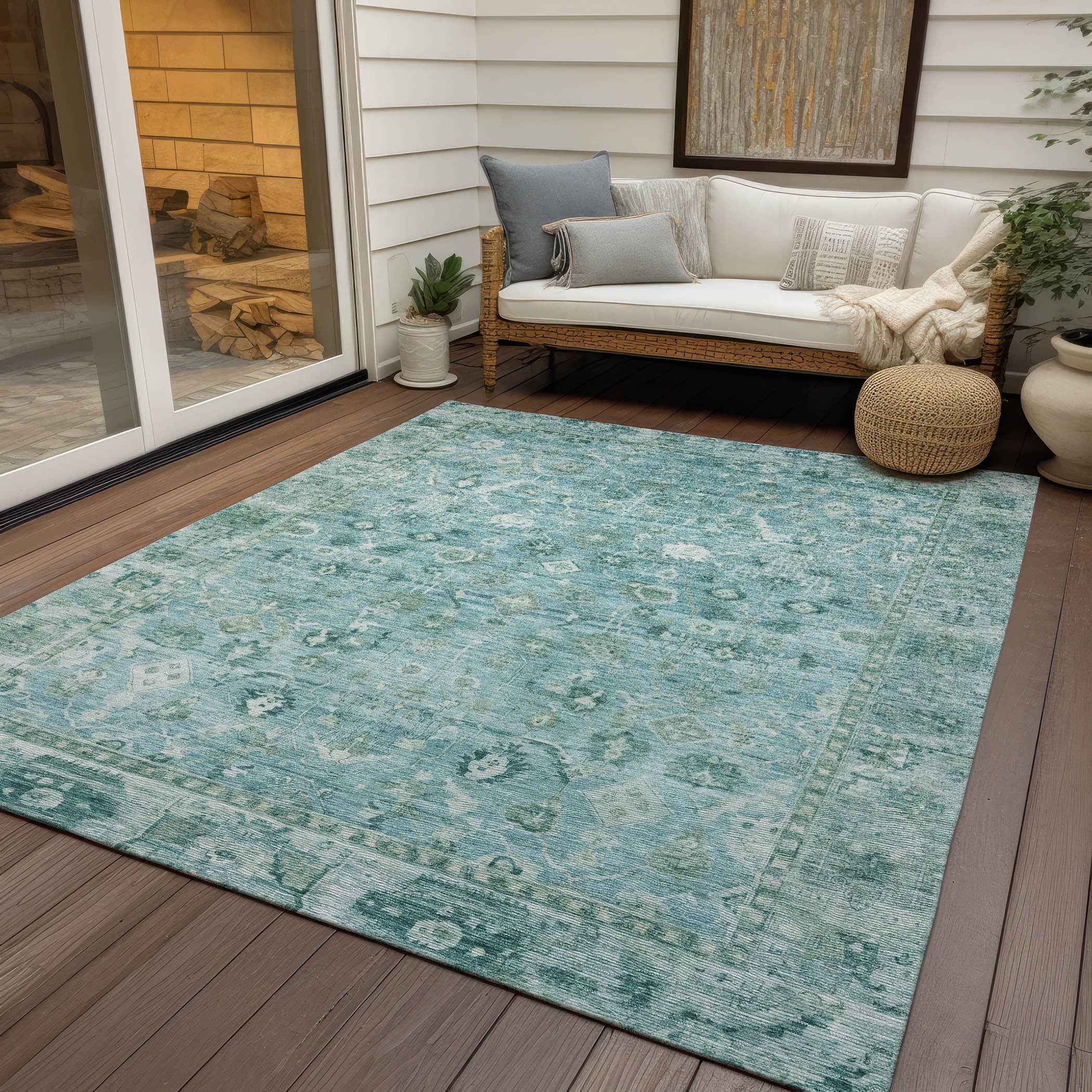 9' X 12' Blue Gray And Ivory Oriental Washable Indoor Outdoor Area Rug