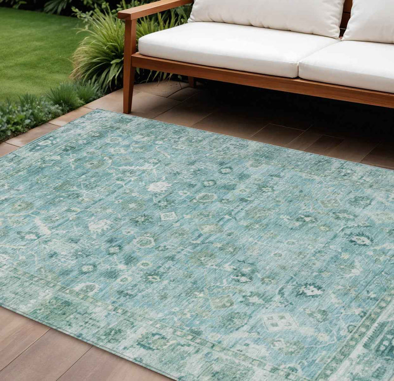 9' X 12' Blue Gray And Ivory Oriental Washable Indoor Outdoor Area Rug
