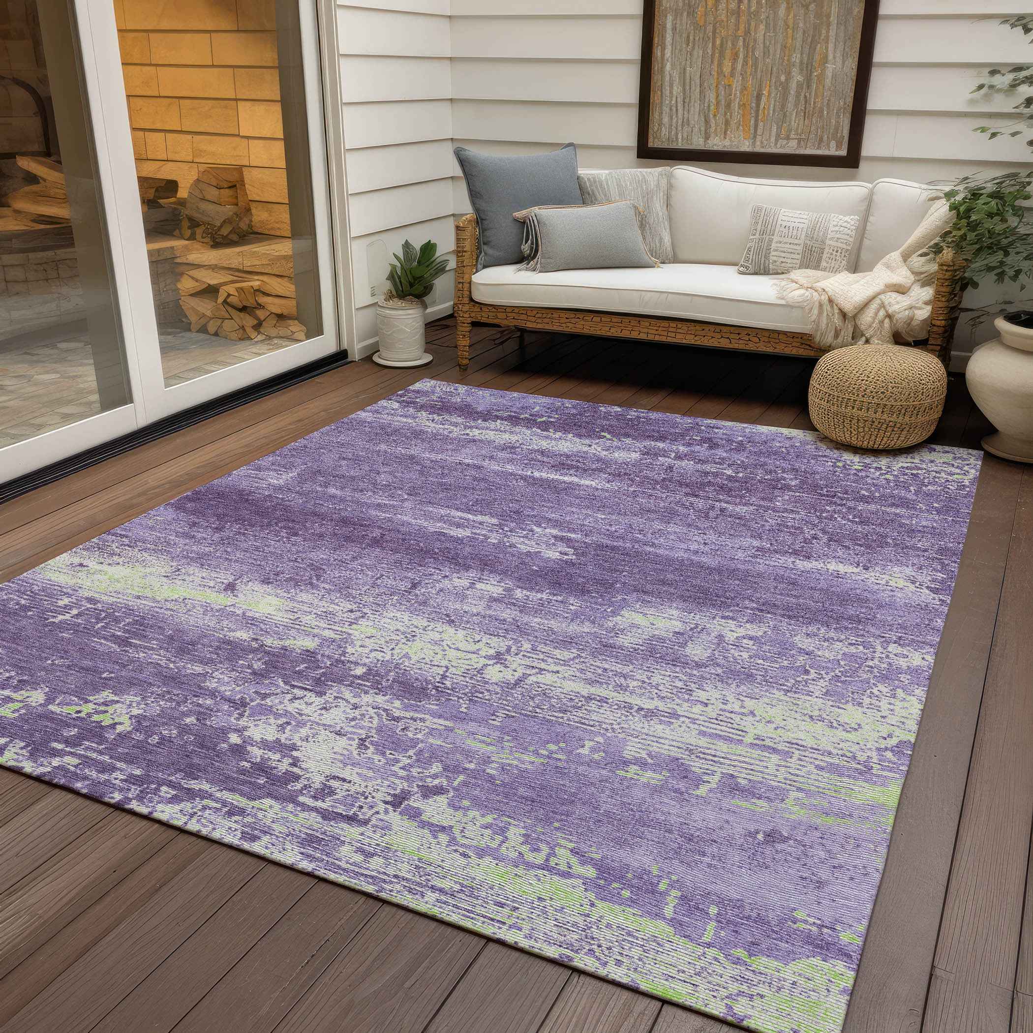 8' X 10' Purple And Ivory Abstract Washable Indoor Outdoor Area Rug