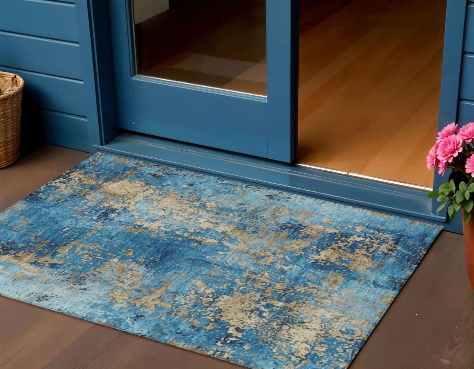 3' X 5' Blue And Beige Abstract Washable Indoor Outdoor Area Rug