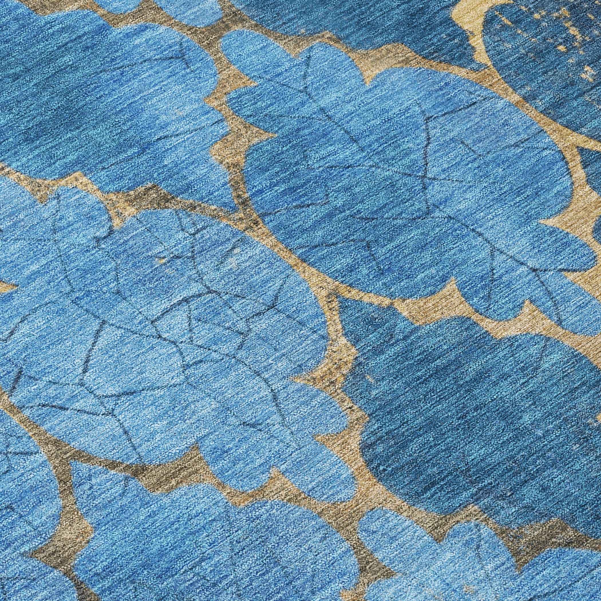 9' X 12' Blue And Gold Damask Washable Indoor Outdoor Area Rug