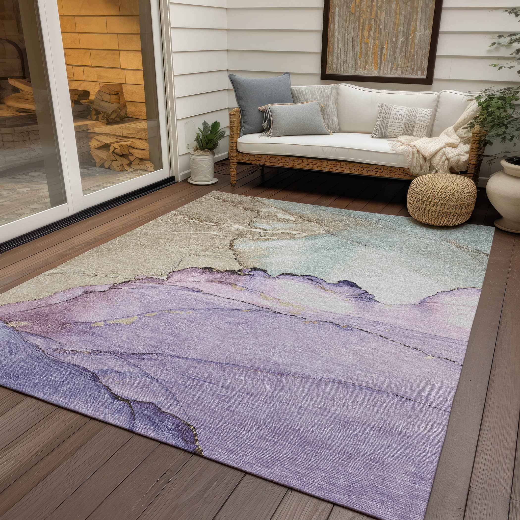 9' X 12' Lavender And Beige Abstract Washable Indoor Outdoor Area Rug
