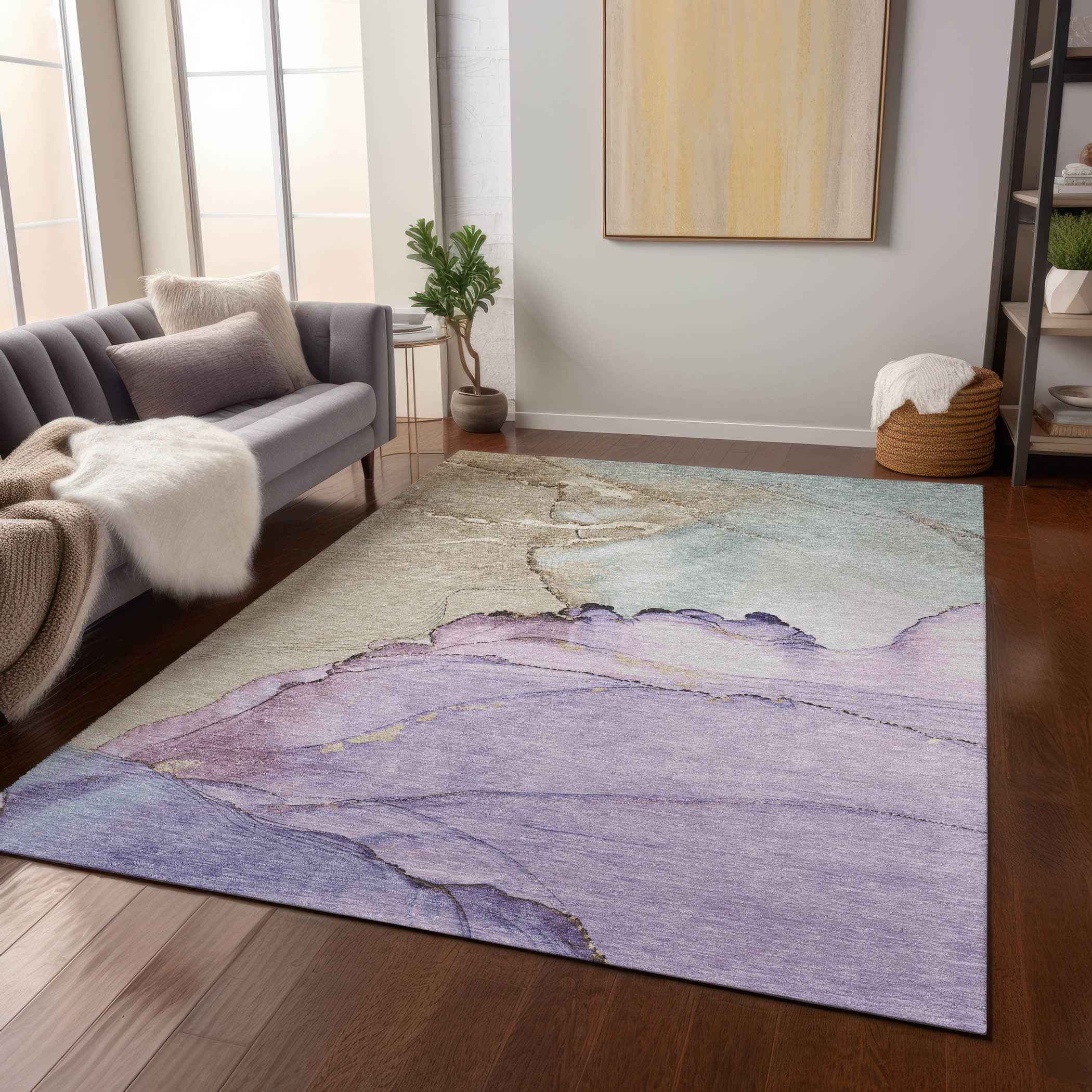 9' X 12' Lavender And Beige Abstract Washable Indoor Outdoor Area Rug