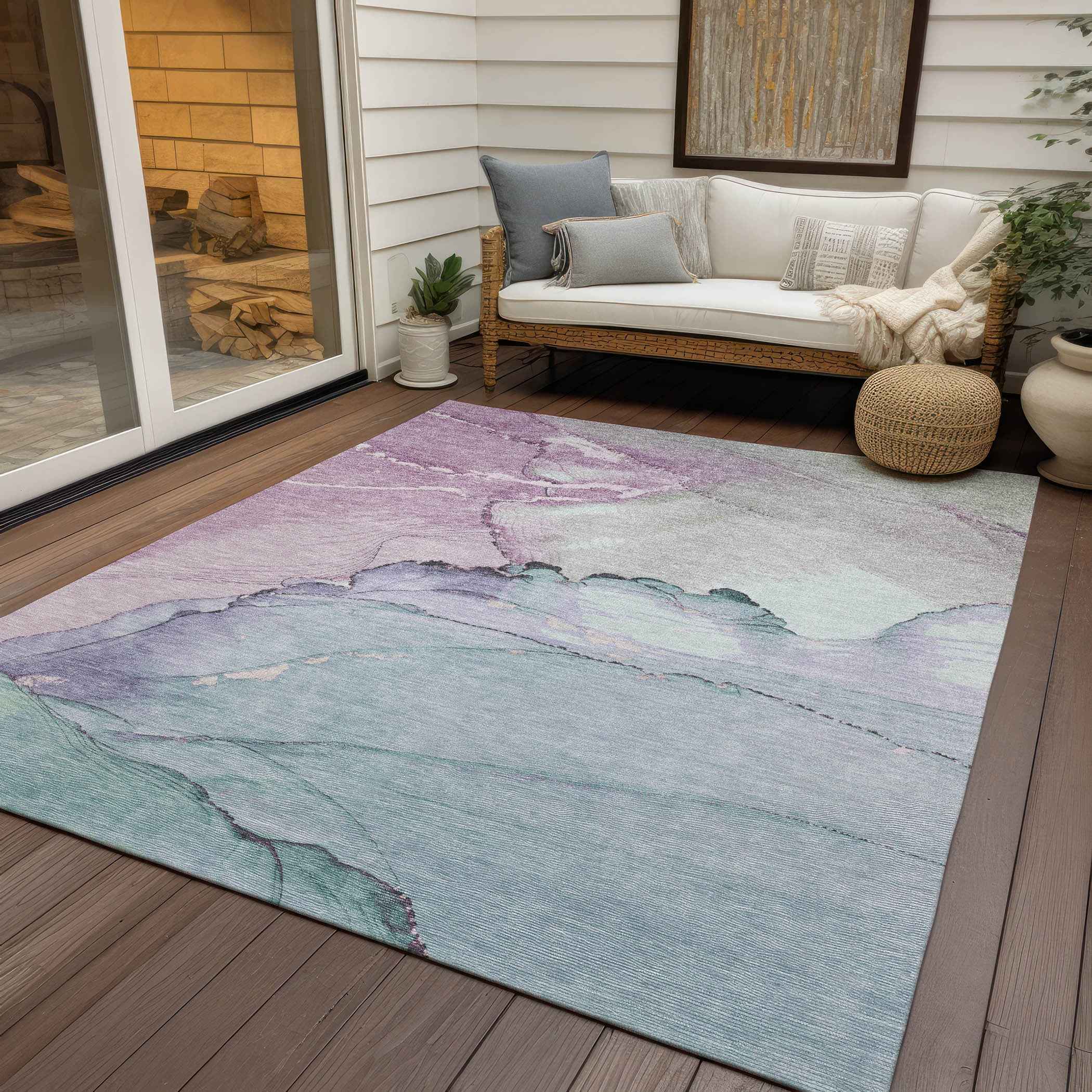 3' X 5' Pale Aqua And Lavender Abstract Washable Indoor Outdoor Area Rug