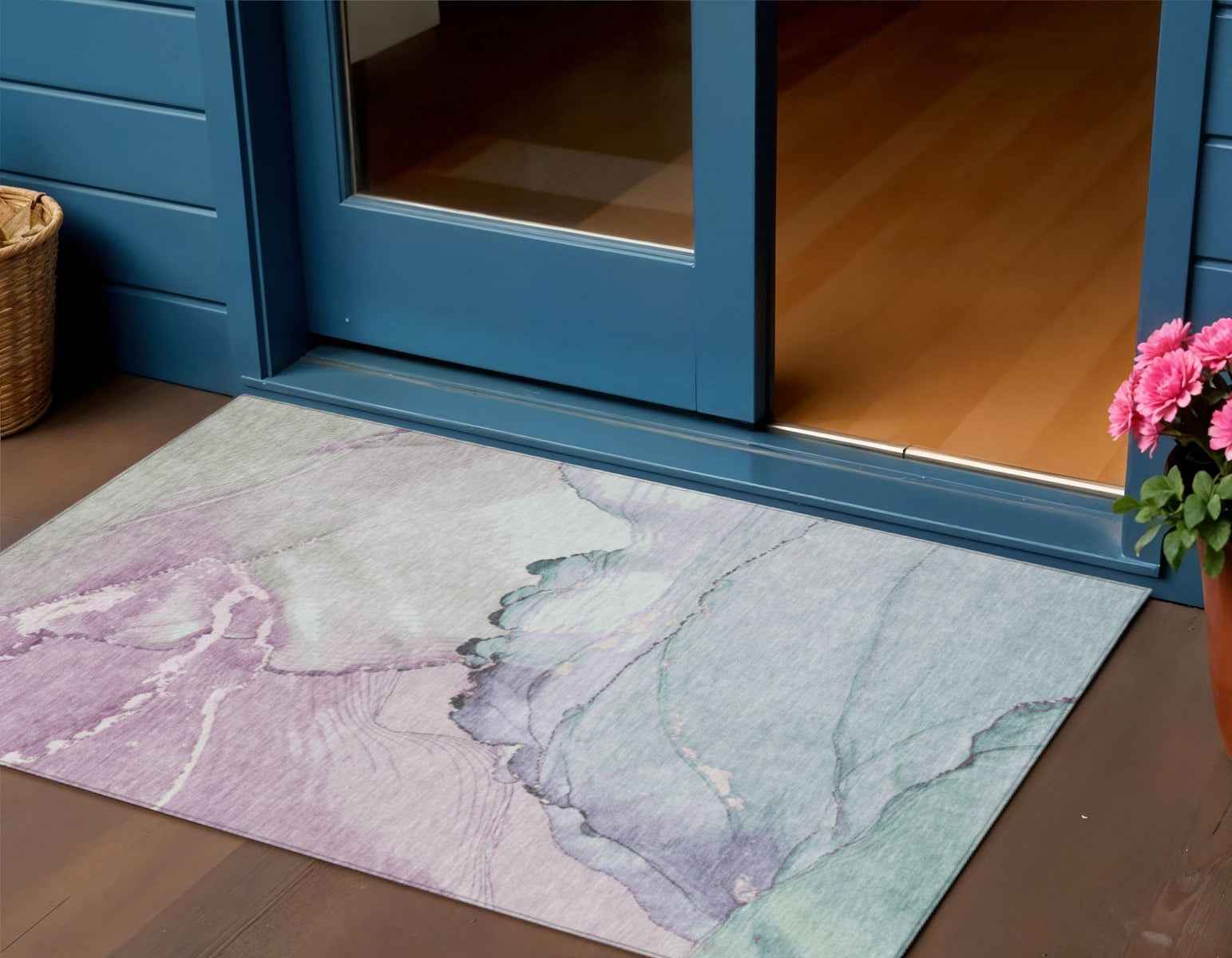 3' X 5' Pale Aqua And Lavender Abstract Washable Indoor Outdoor Area Rug