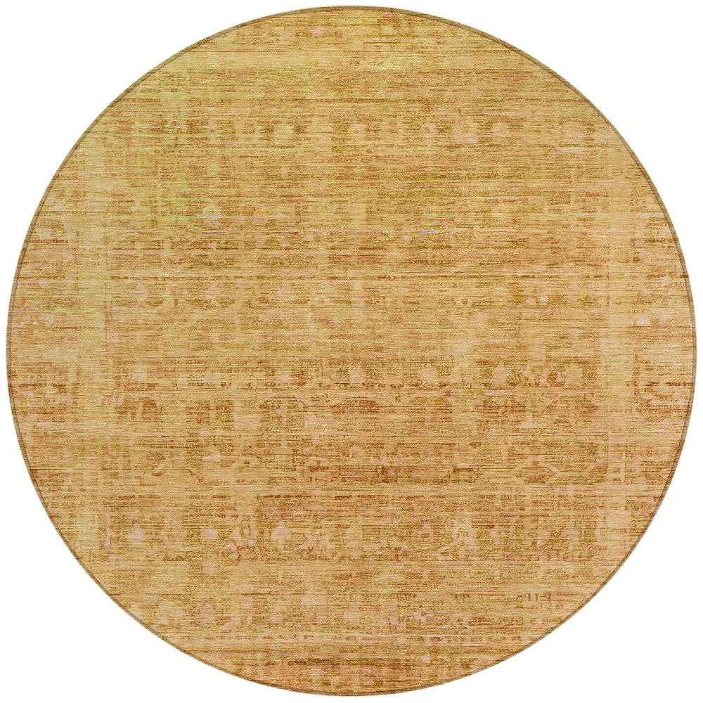 8' Salmon And Gold Round Abstract Washable Indoor Outdoor Area Rug