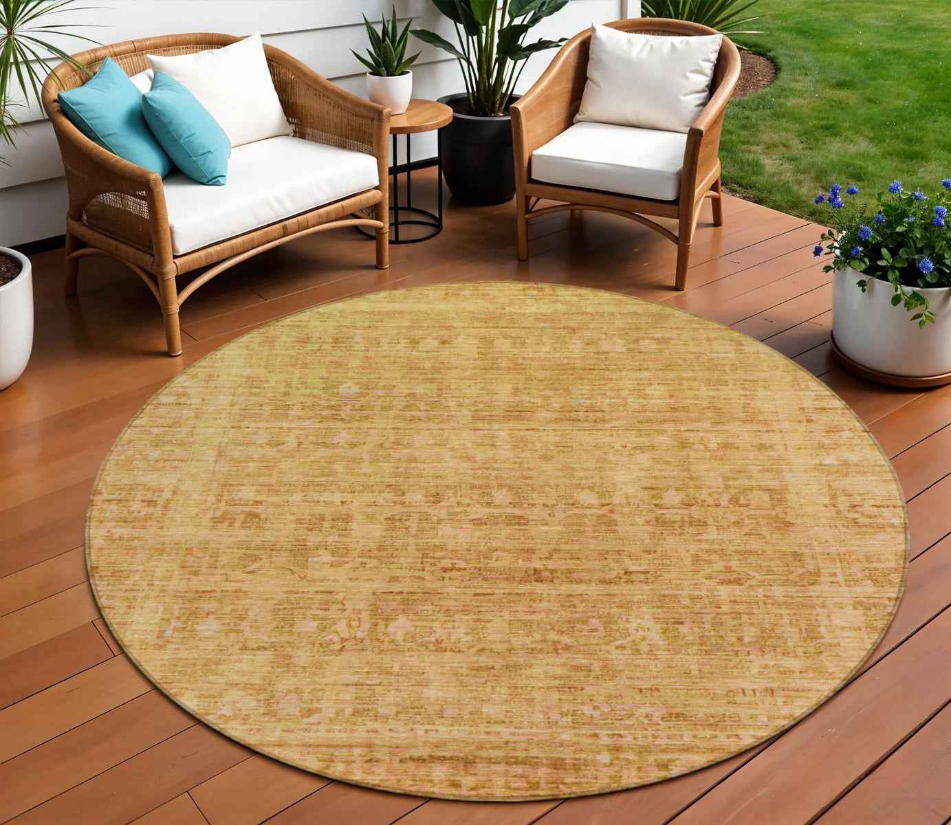 8' Salmon And Gold Round Abstract Washable Indoor Outdoor Area Rug