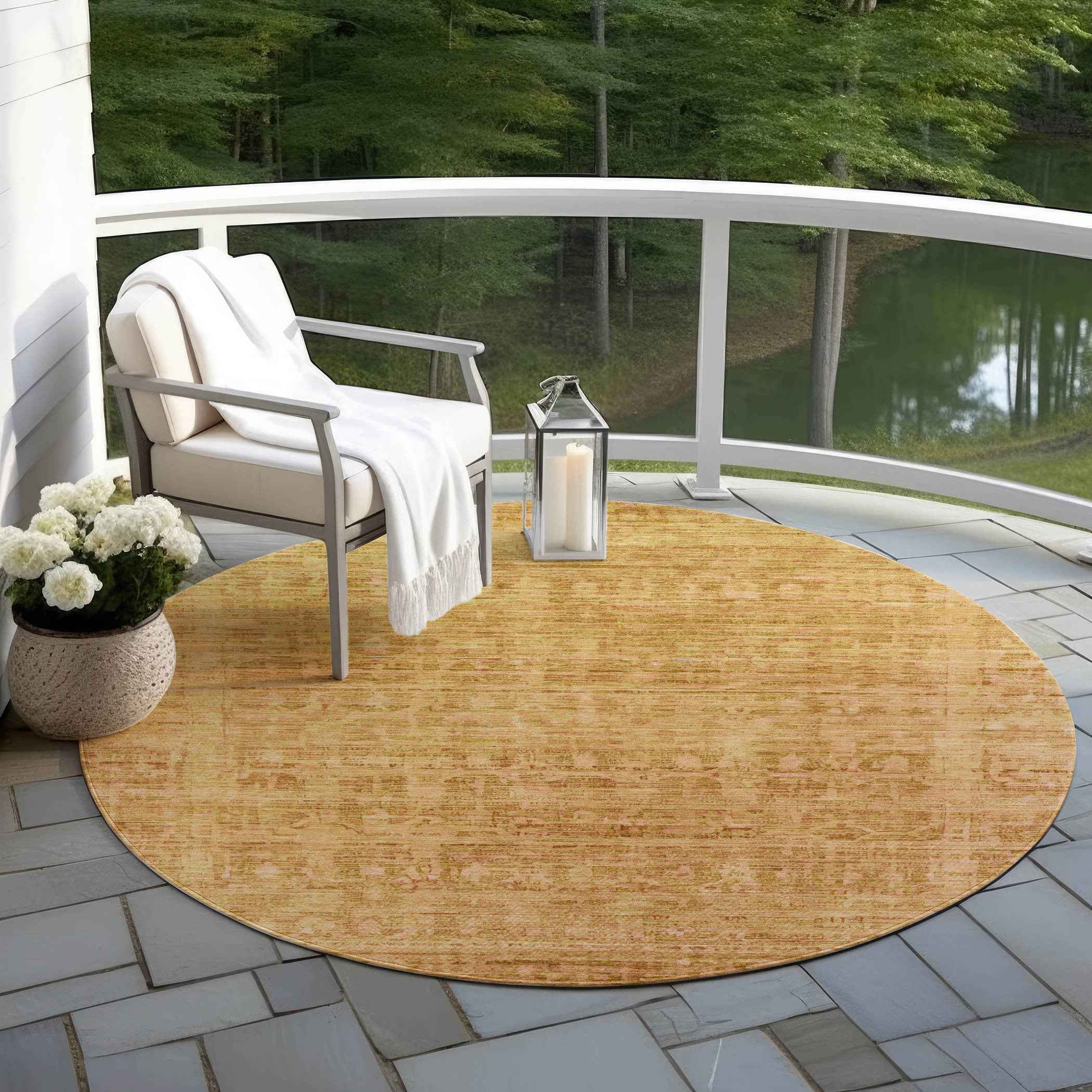 8' Salmon And Gold Round Abstract Washable Indoor Outdoor Area Rug