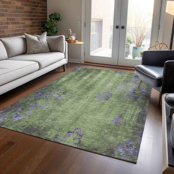3' X 5' Artichoke Green And Purple Floral Washable Indoor Outdoor Area Rug