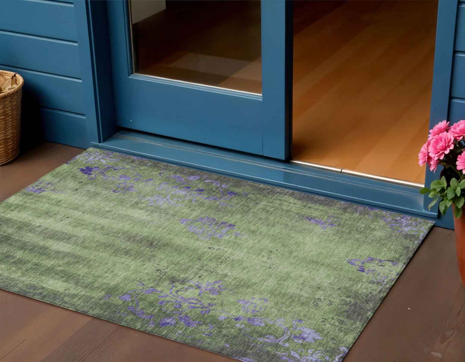 3' X 5' Artichoke Green And Purple Floral Washable Indoor Outdoor Area Rug