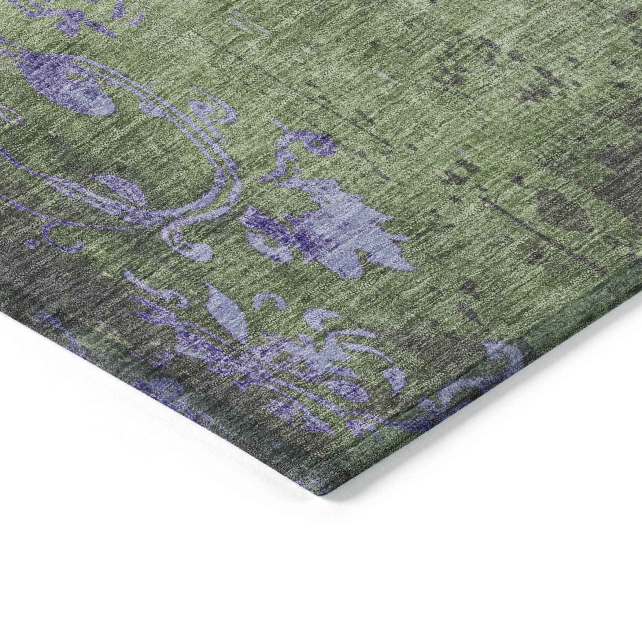 3' X 5' Artichoke Green And Purple Floral Washable Indoor Outdoor Area Rug