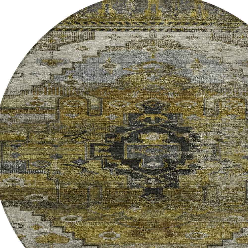 8' Brown Ivory And Gray Round Tribal Washable Indoor Outdoor Area Rug