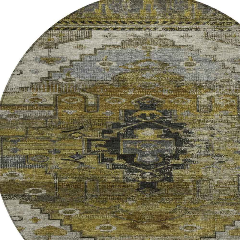8' Brown Ivory And Gray Round Tribal Washable Indoor Outdoor Area Rug