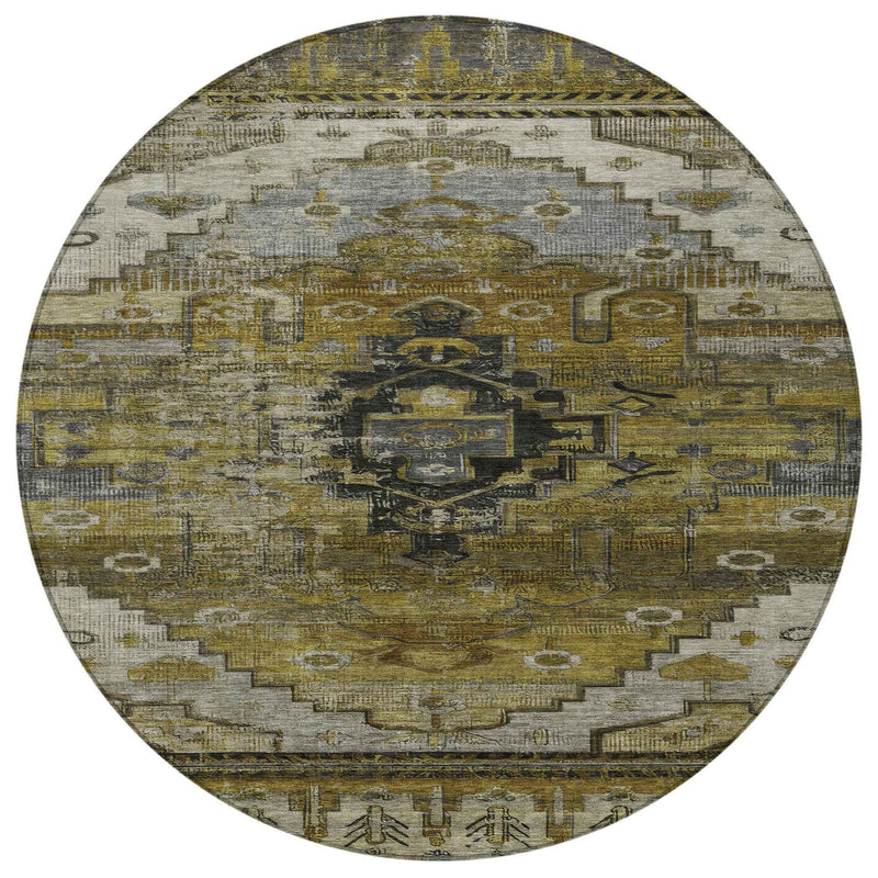 8' Brown Ivory And Gray Round Tribal Washable Indoor Outdoor Area Rug