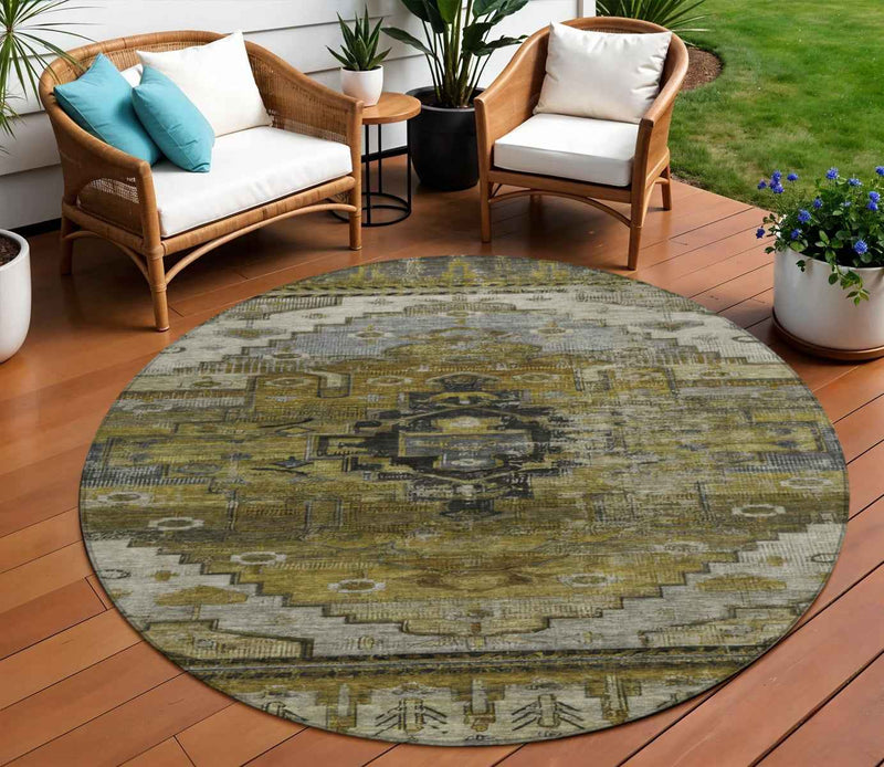 8' Brown Ivory And Gray Round Tribal Washable Indoor Outdoor Area Rug