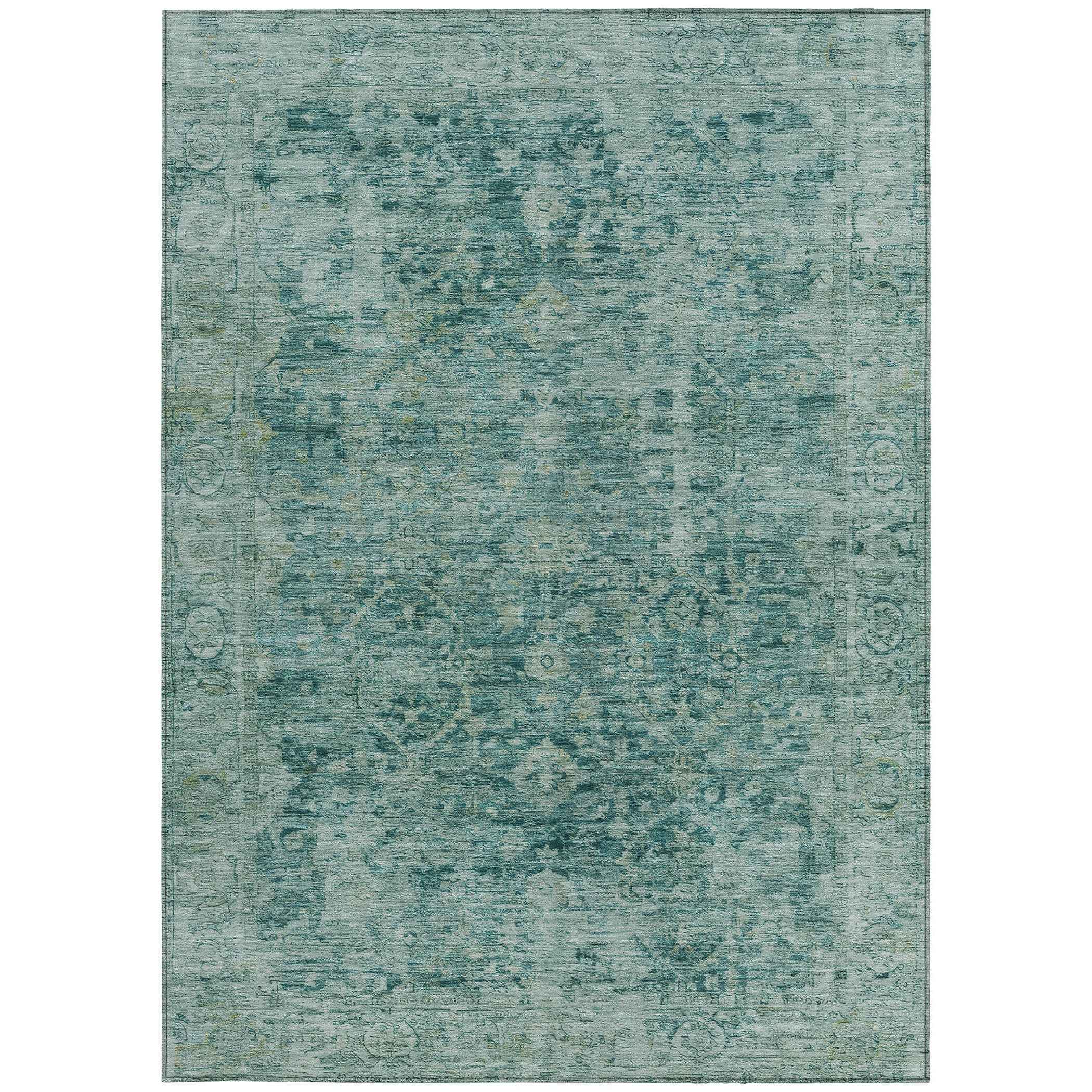 3' X 5' Teal Blue And Olive Green Abstract Washable Indoor Outdoor Area Rug