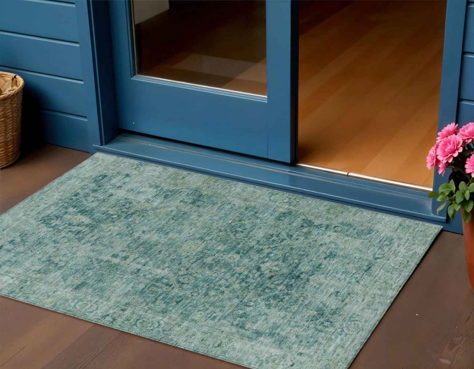 3' X 5' Teal Blue And Olive Green Abstract Washable Indoor Outdoor Area Rug