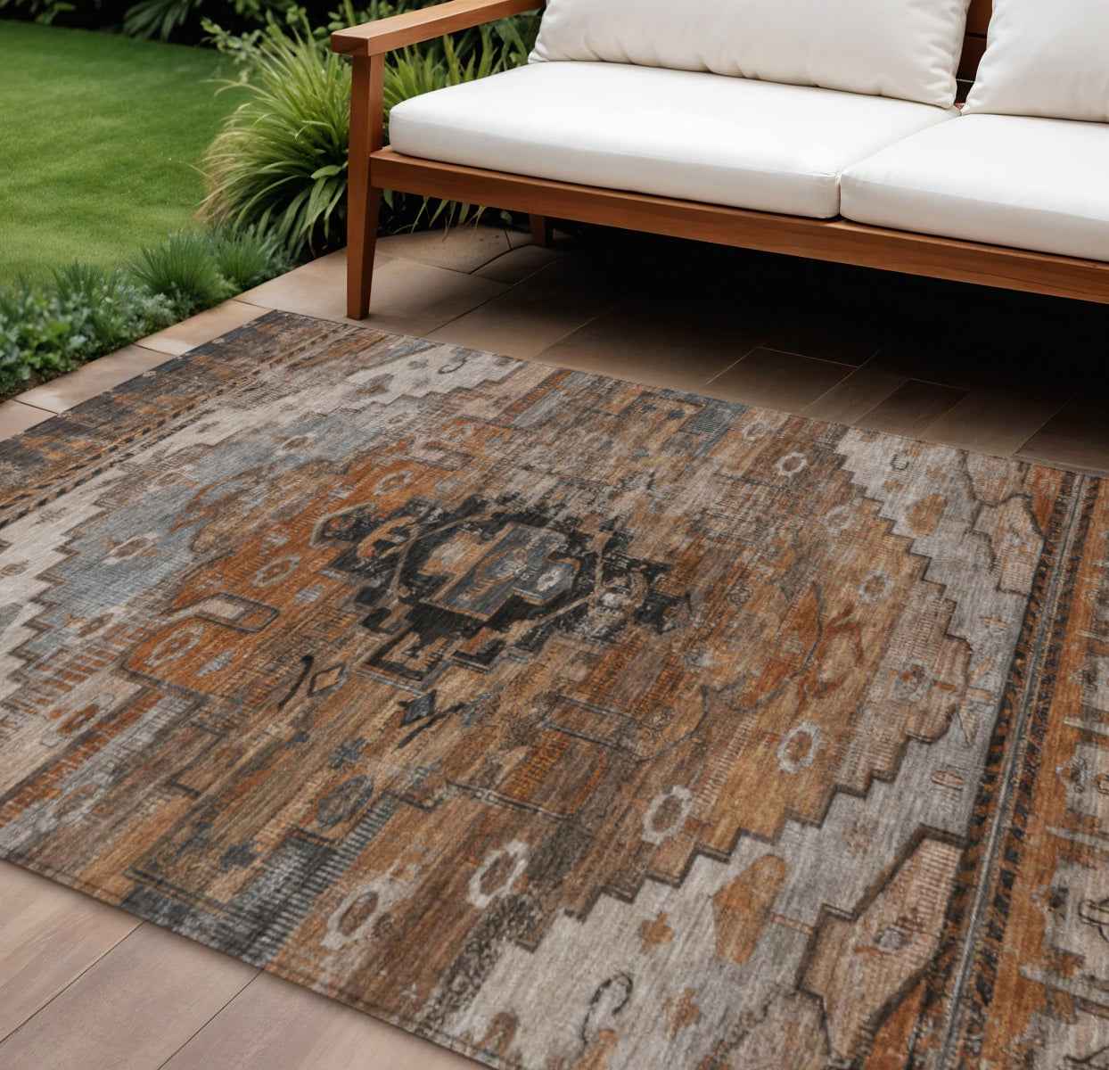 8' X 10' Terra Cotta Rust And Gray Tribal Washable Indoor Outdoor Area Rug