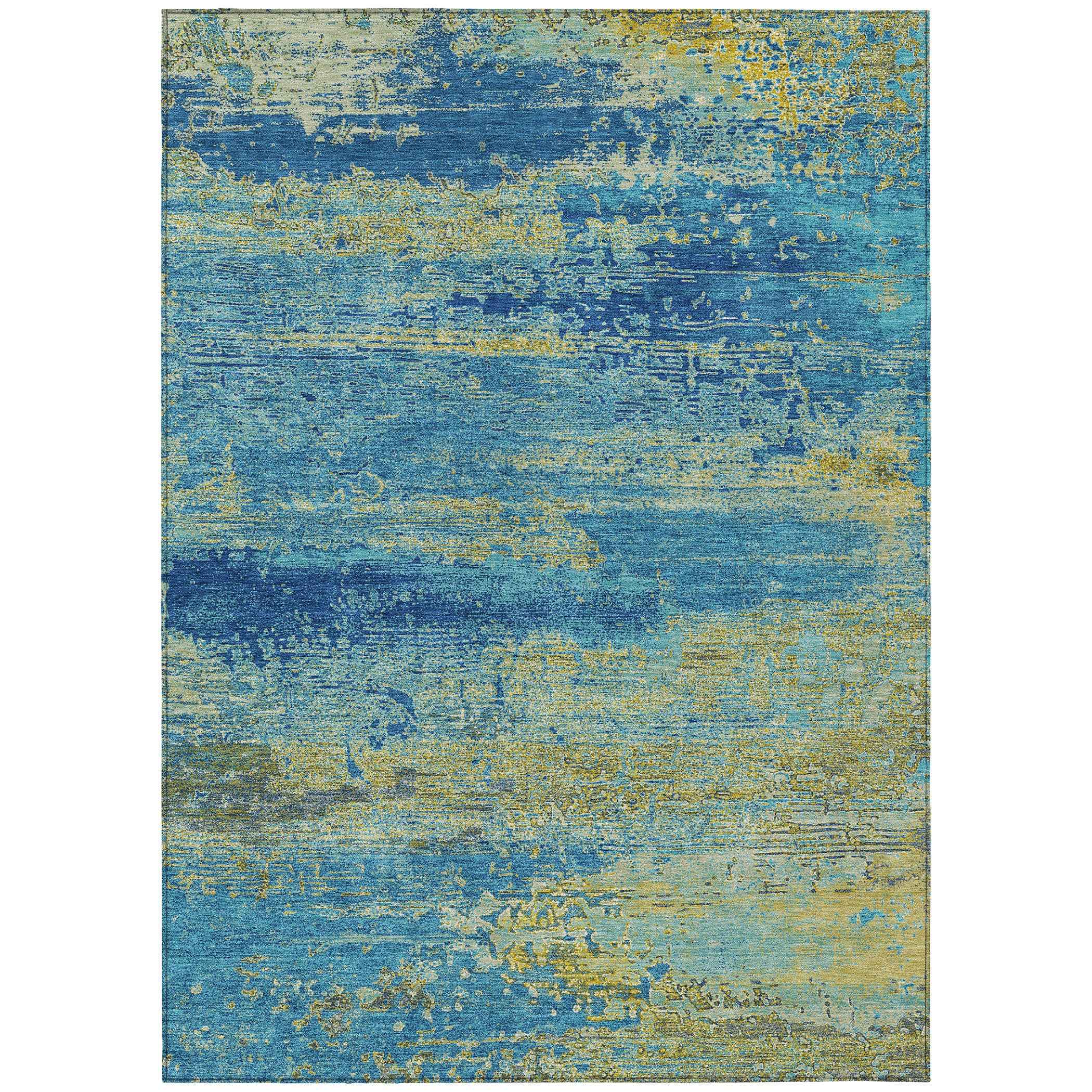 5' X 8' Navy Blue Sky Blue And Olive Green Abstract Washable Indoor Outdoor Area Rug