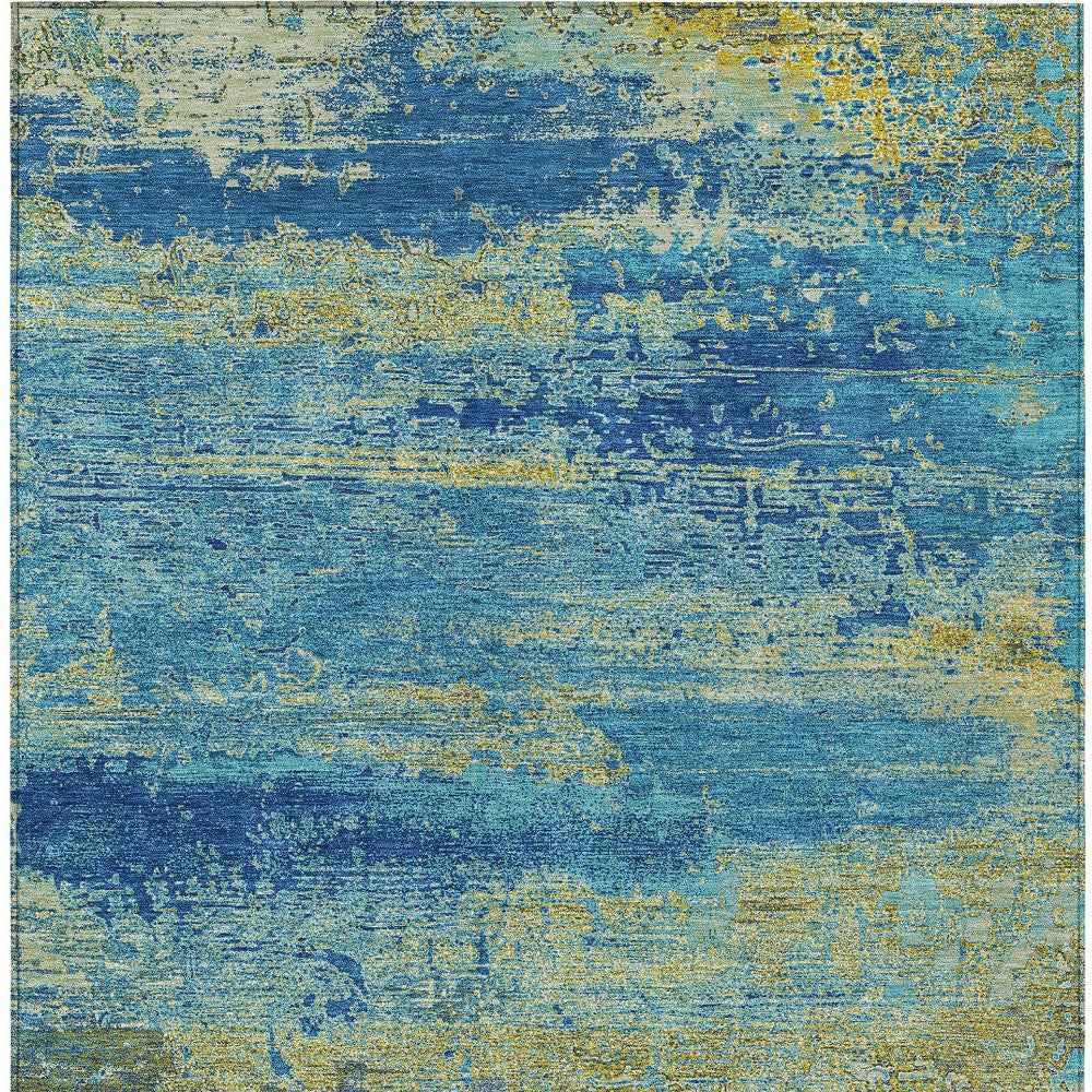 5' X 8' Navy Blue Sky Blue And Olive Green Abstract Washable Indoor Outdoor Area Rug