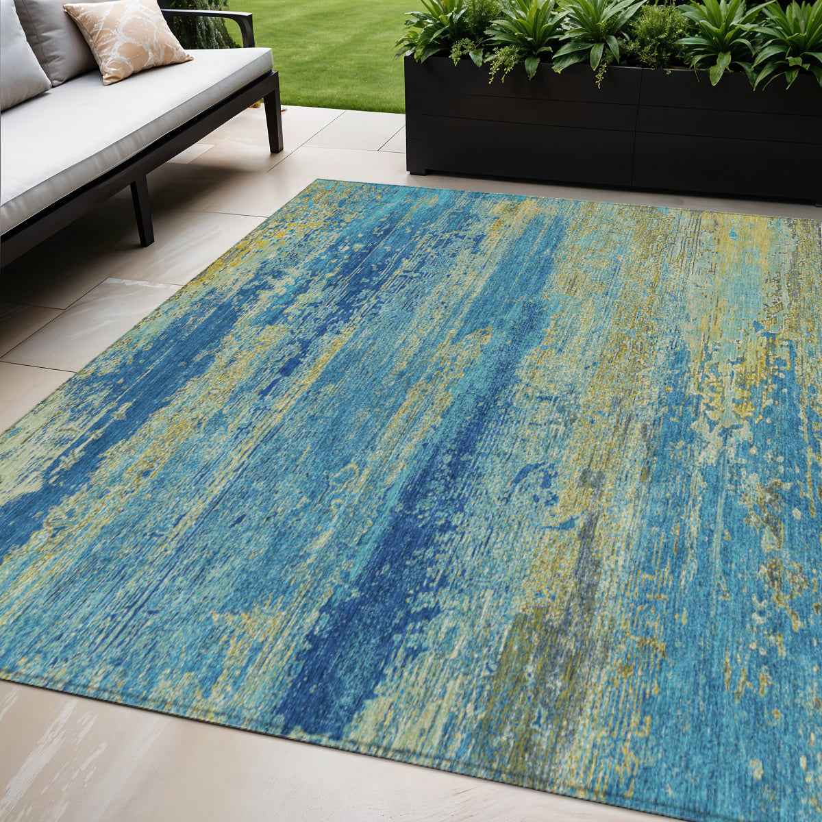 5' X 8' Navy Blue Sky Blue And Olive Green Abstract Washable Indoor Outdoor Area Rug
