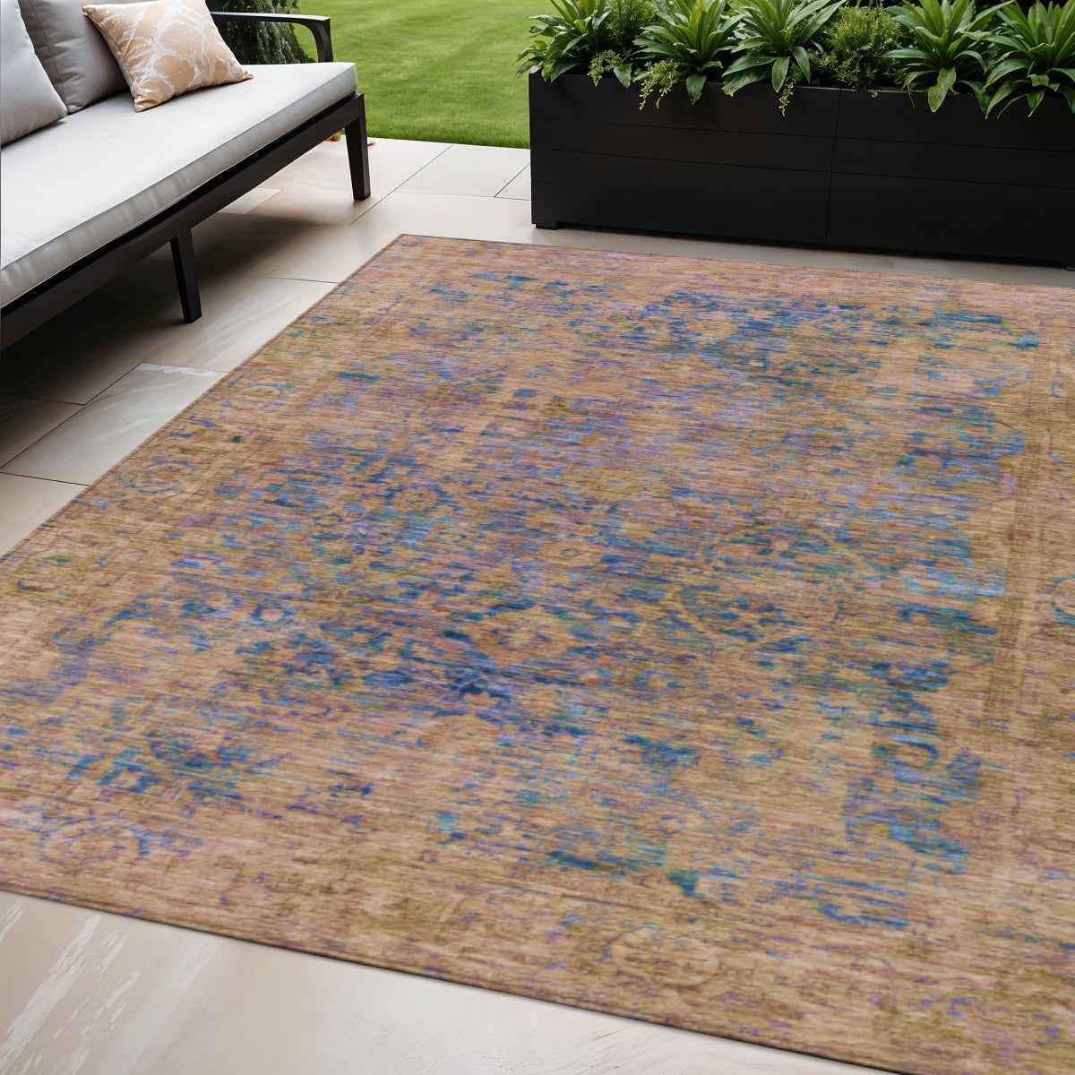 5' X 8' Navy Blue And Gold Abstract Washable Indoor Outdoor Area Rug